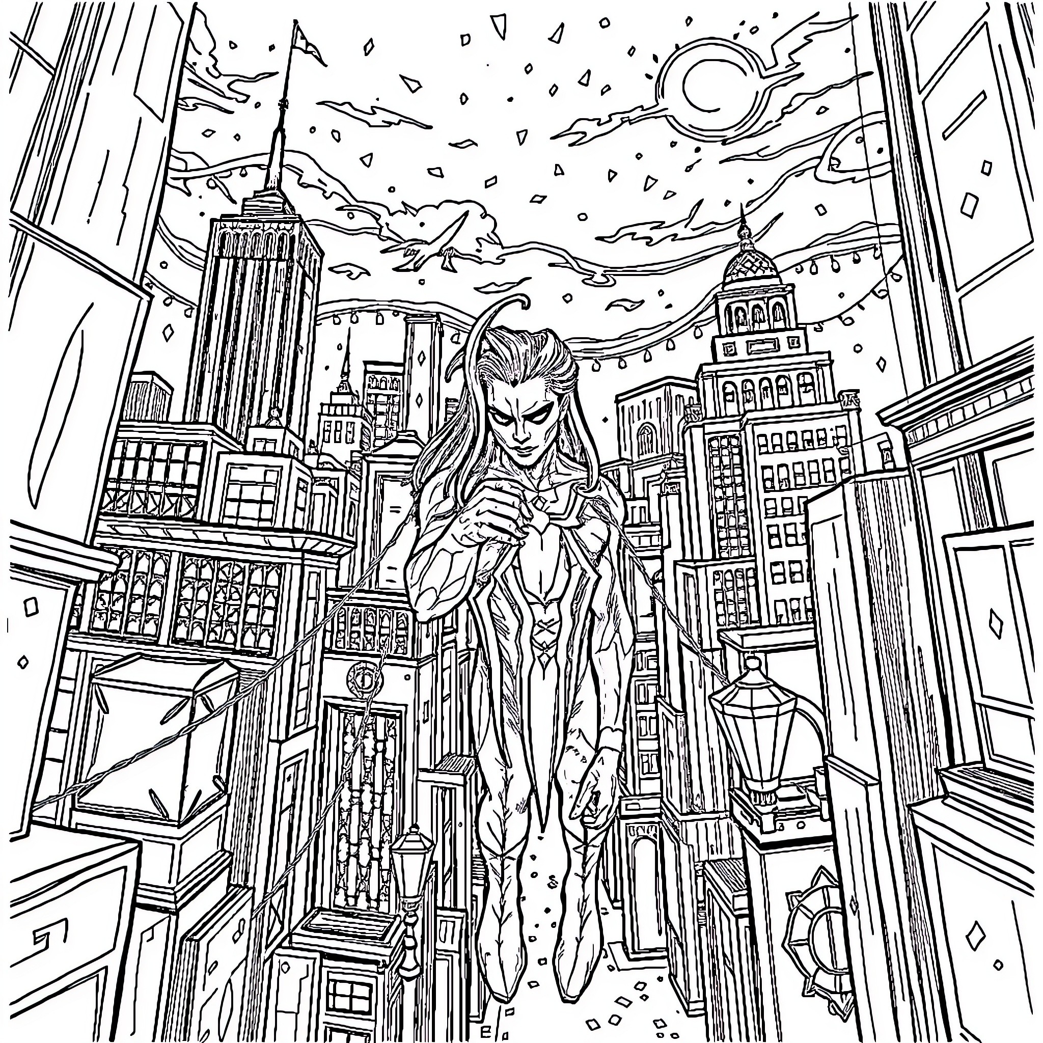 Spider-Man swinging through the city skyline Coloring Page (free black-and-white line drawing printable PDF for all, from beginners to advanced learners, including children, teens, adults, and seniors)