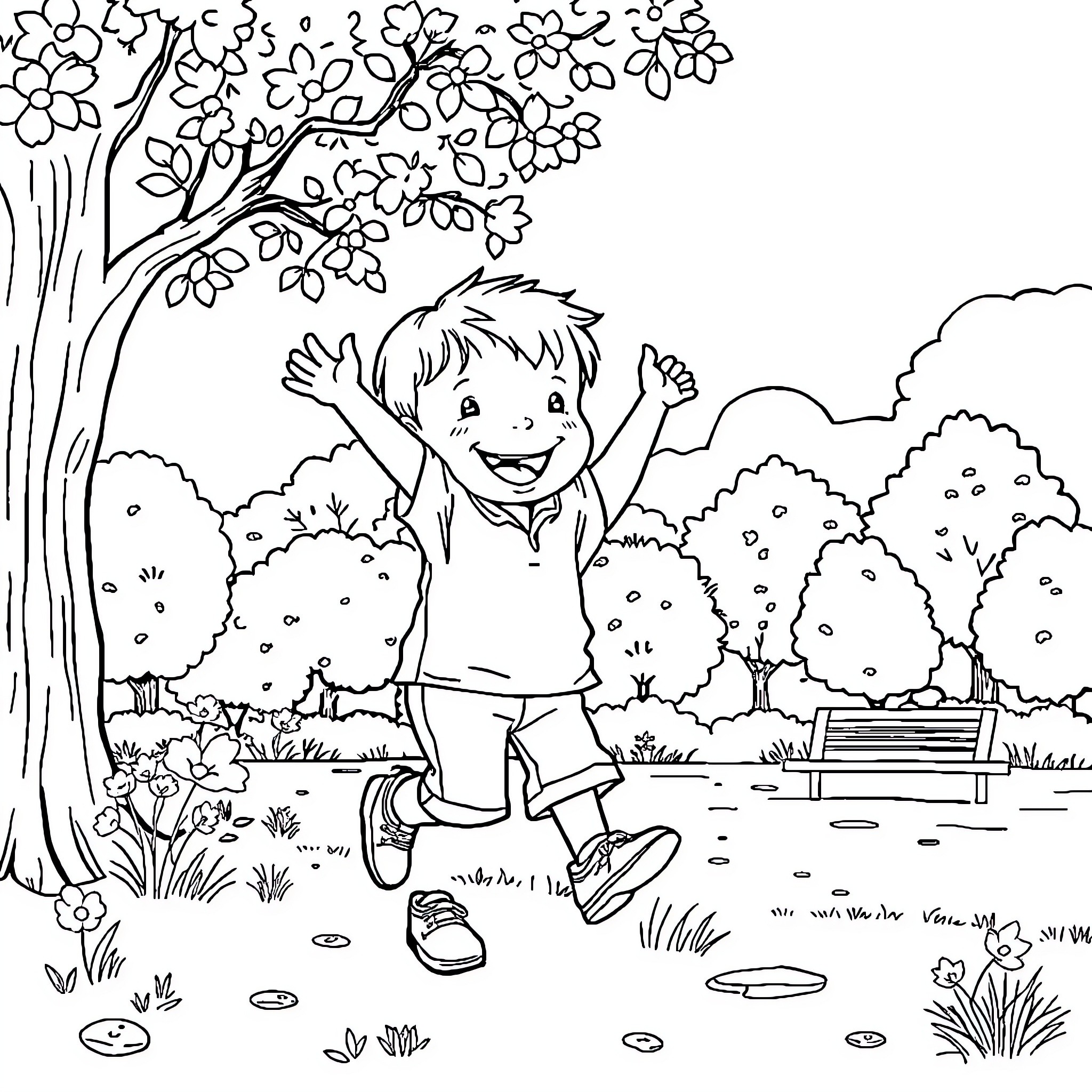 Child joyfully jumping in nature's embrace Coloring Page (free black-and-white line drawing printable PDF for all, from beginners to advanced learners, including children, teens, adults, and seniors)