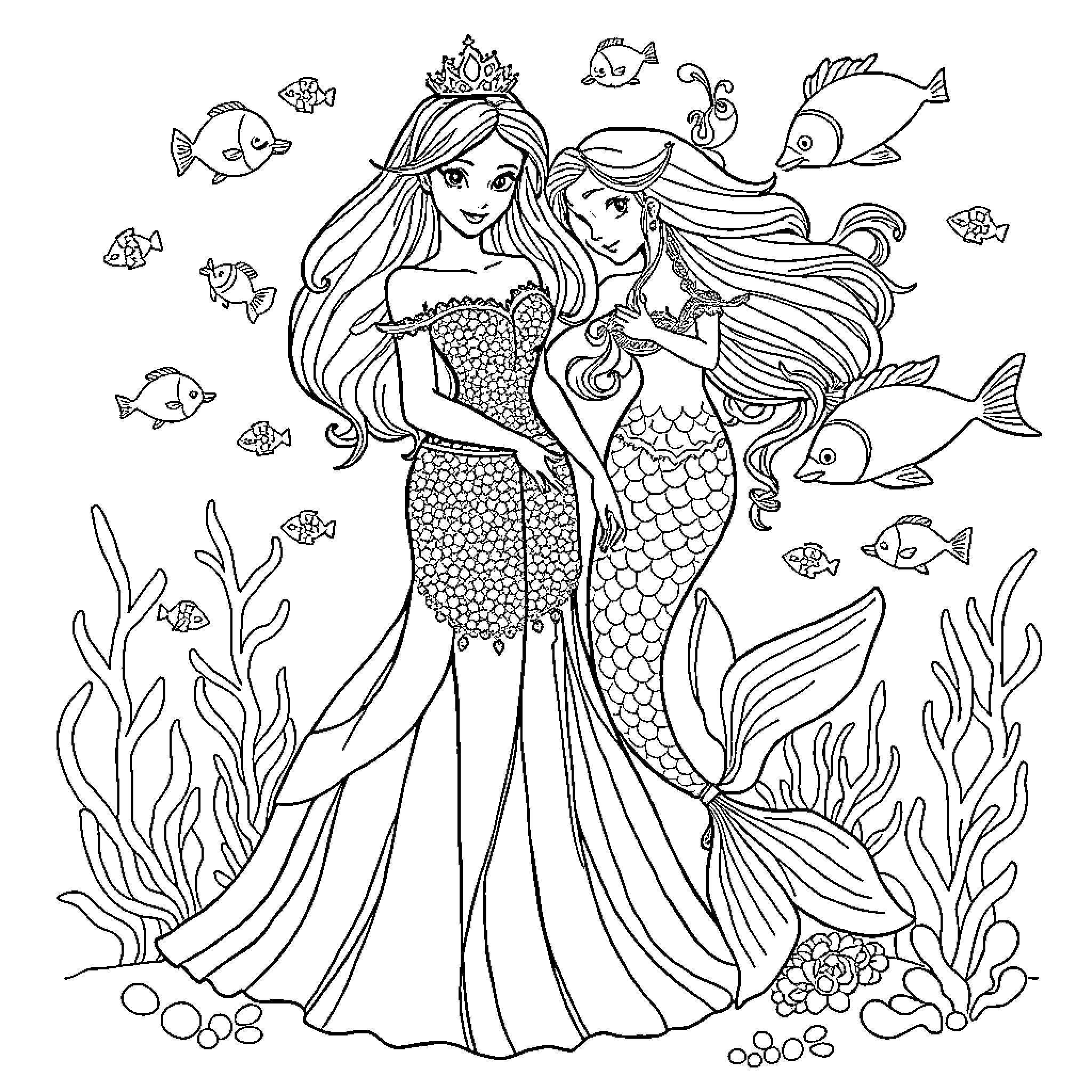 Princess Mermaids in Enchanting Underwater Scene Coloring Page (free black-and-white line drawing printable PDF for all, from beginners to advanced learners, including children, teens, adults, and seniors)