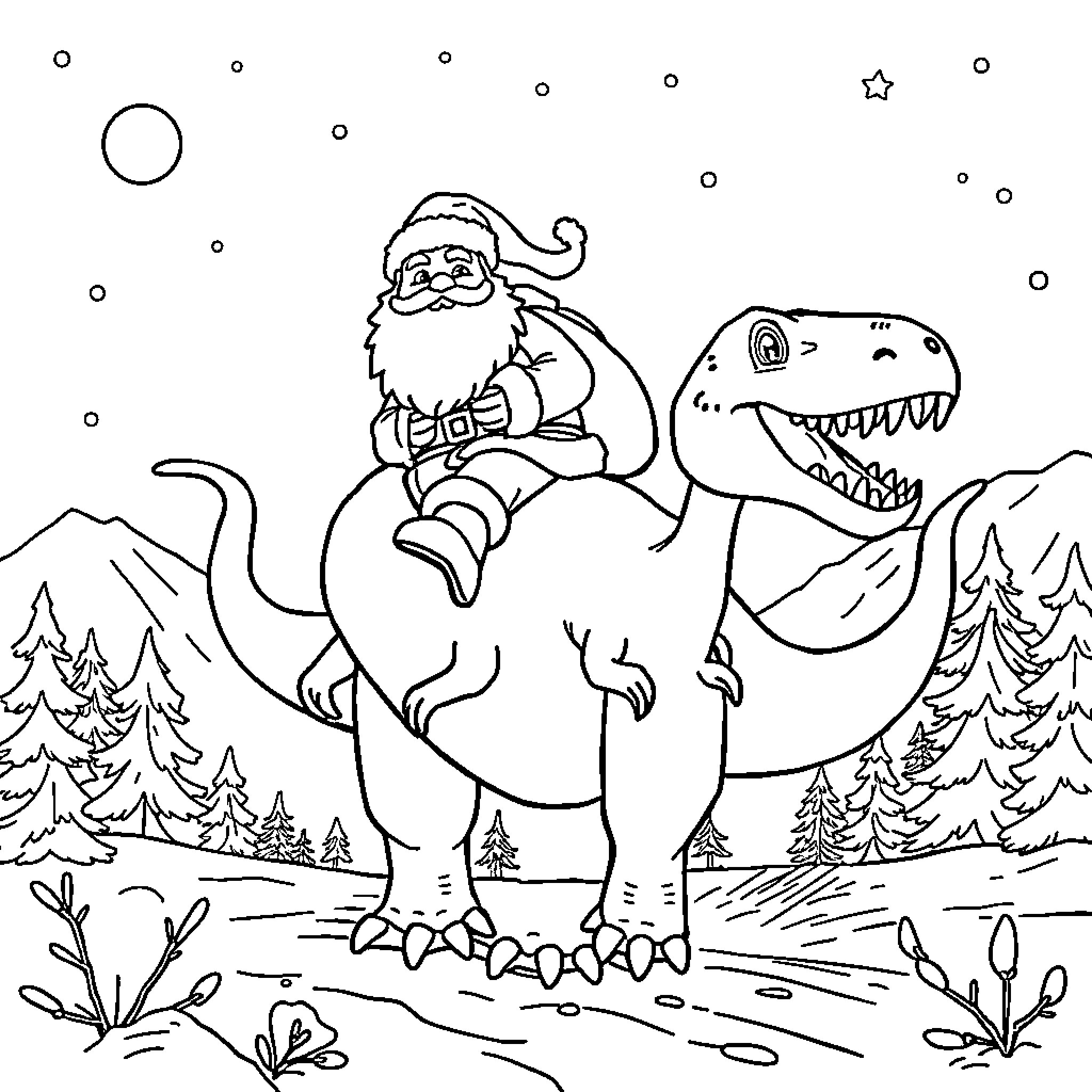 Santa riding a dinosaur in a snowy landscape Coloring Page (free black-and-white line drawing printable PDF for all, from beginners to advanced learners, including children, teens, adults, and seniors)