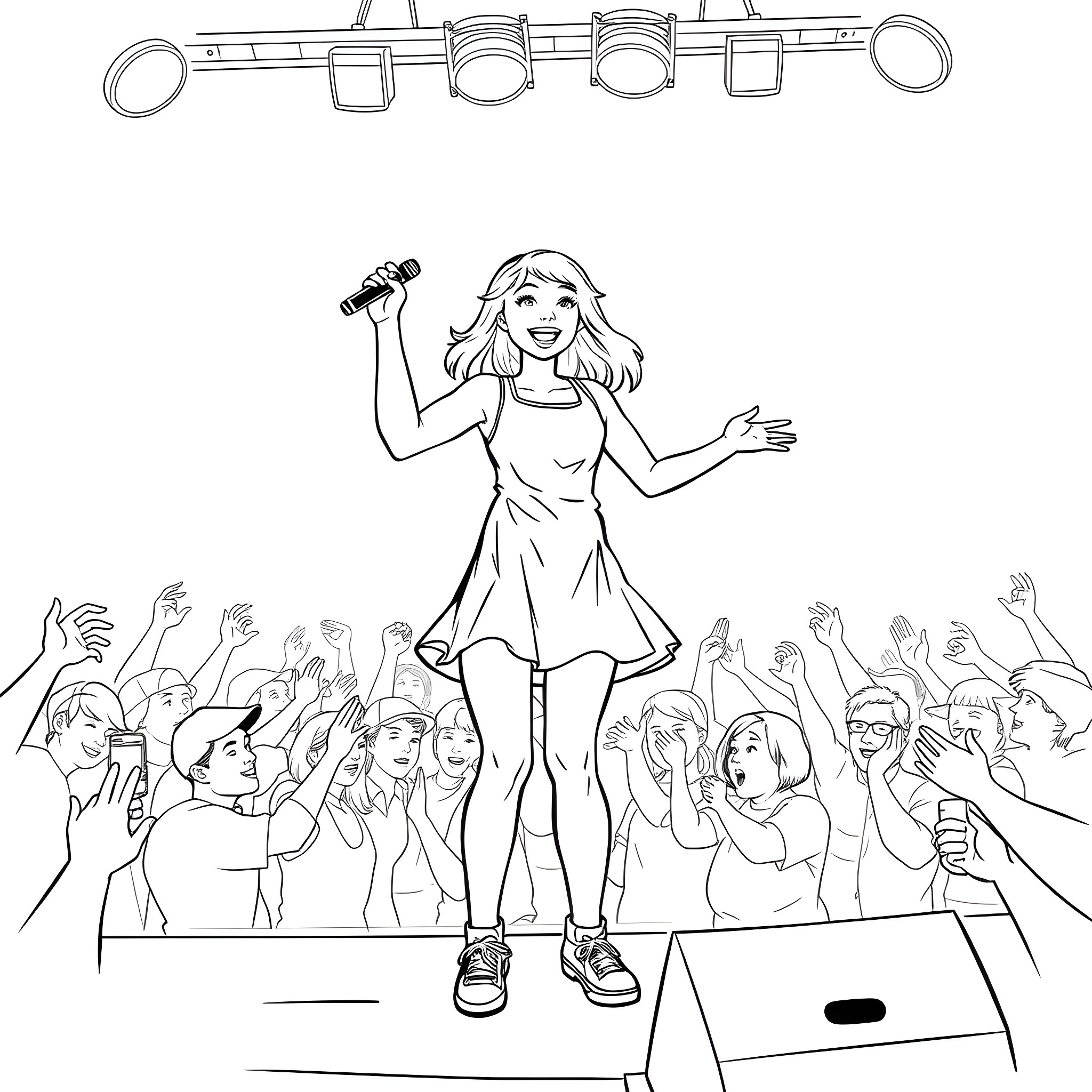 Teen Girl Singing on Stage with Crowd Coloring Page (free black-and-white line drawing printable PDF for all, from beginners to advanced learners, including children, teens, adults, and seniors)