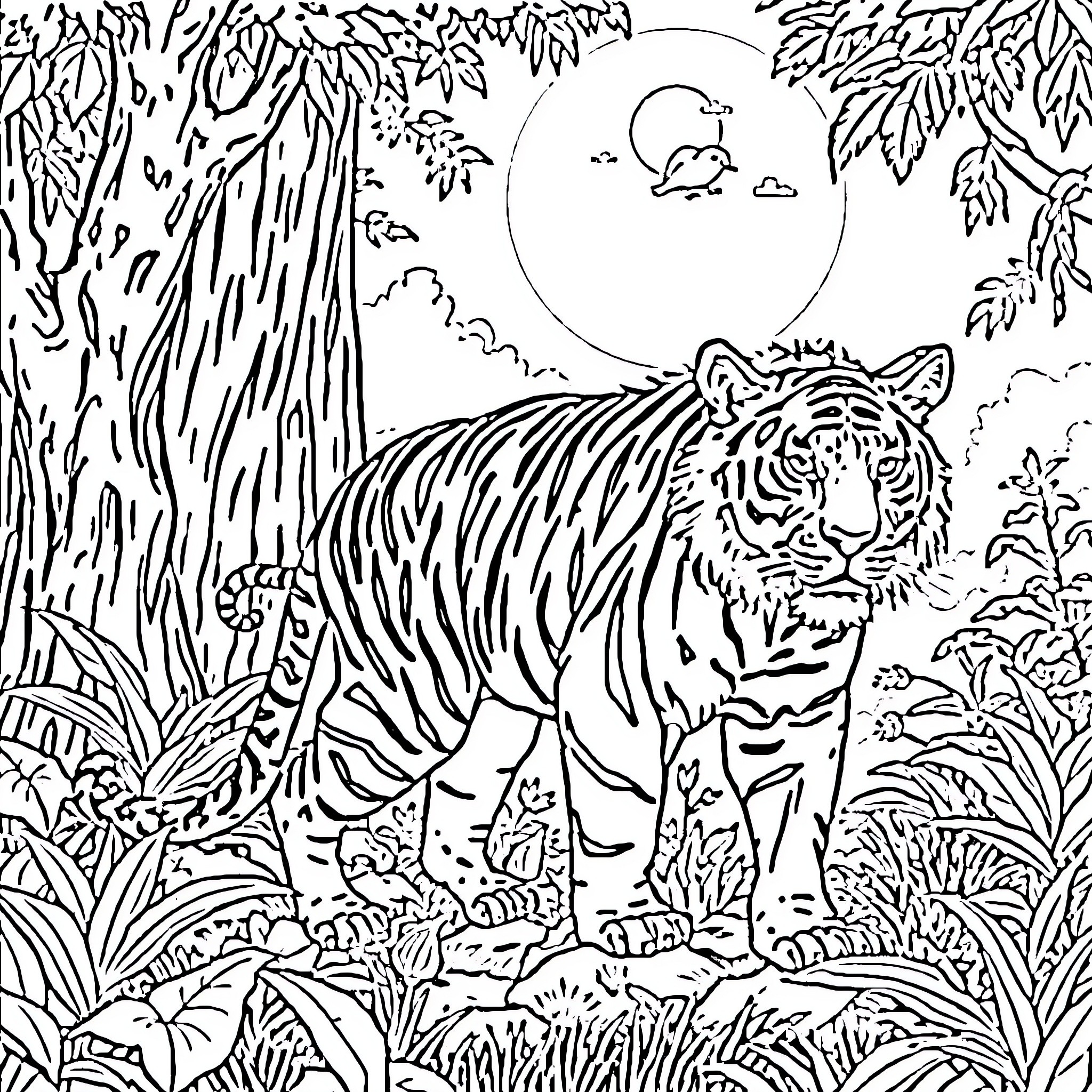 Tiger prowling through the moonlit jungle Coloring Page (free black-and-white line drawing printable PDF for all, from beginners to advanced learners, including children, teens, adults, and seniors)