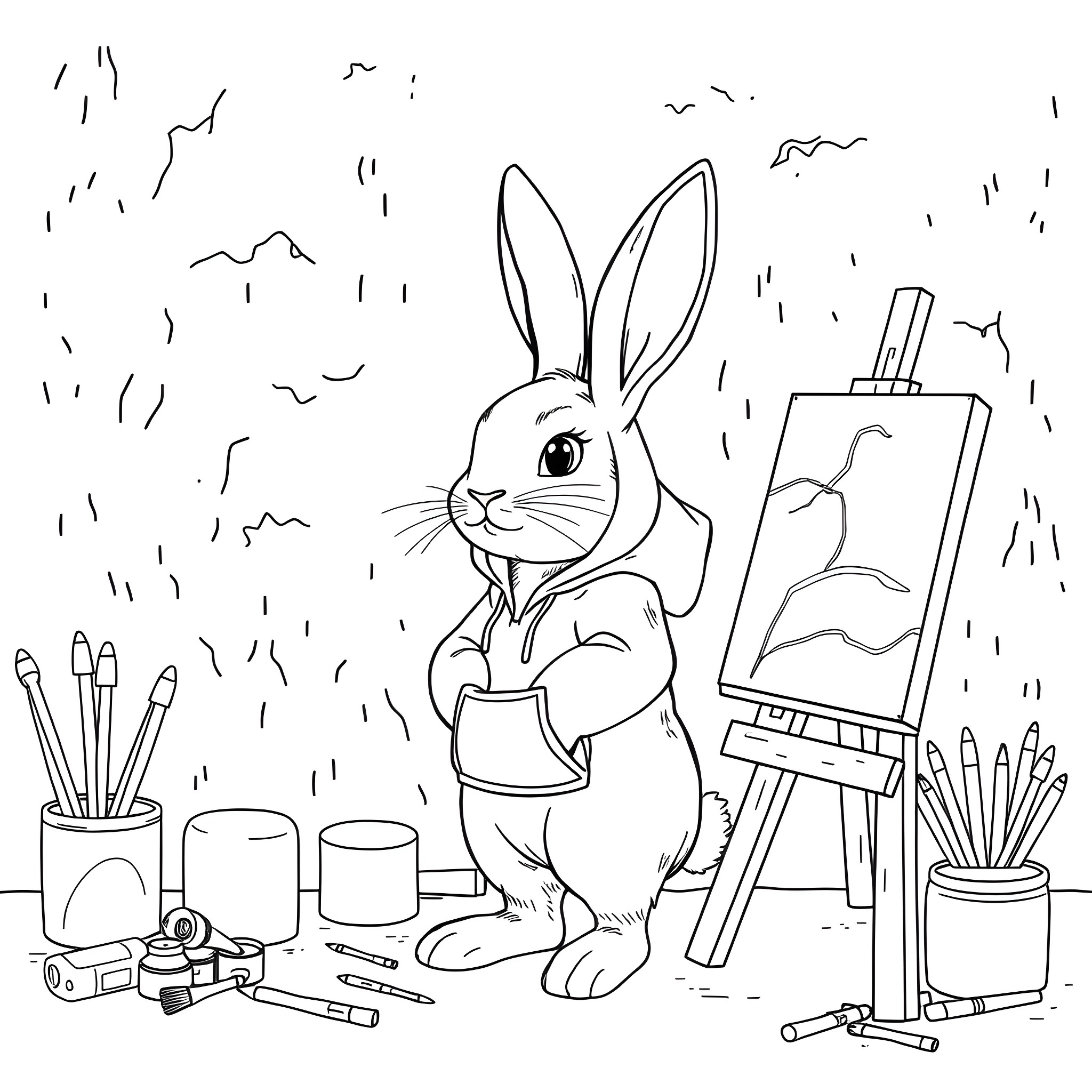 Bunny Painting a Picture in the Studio Coloring Page (free black-and-white line drawing printable PDF for all, from beginners to advanced learners, including children, teens, adults, and seniors)