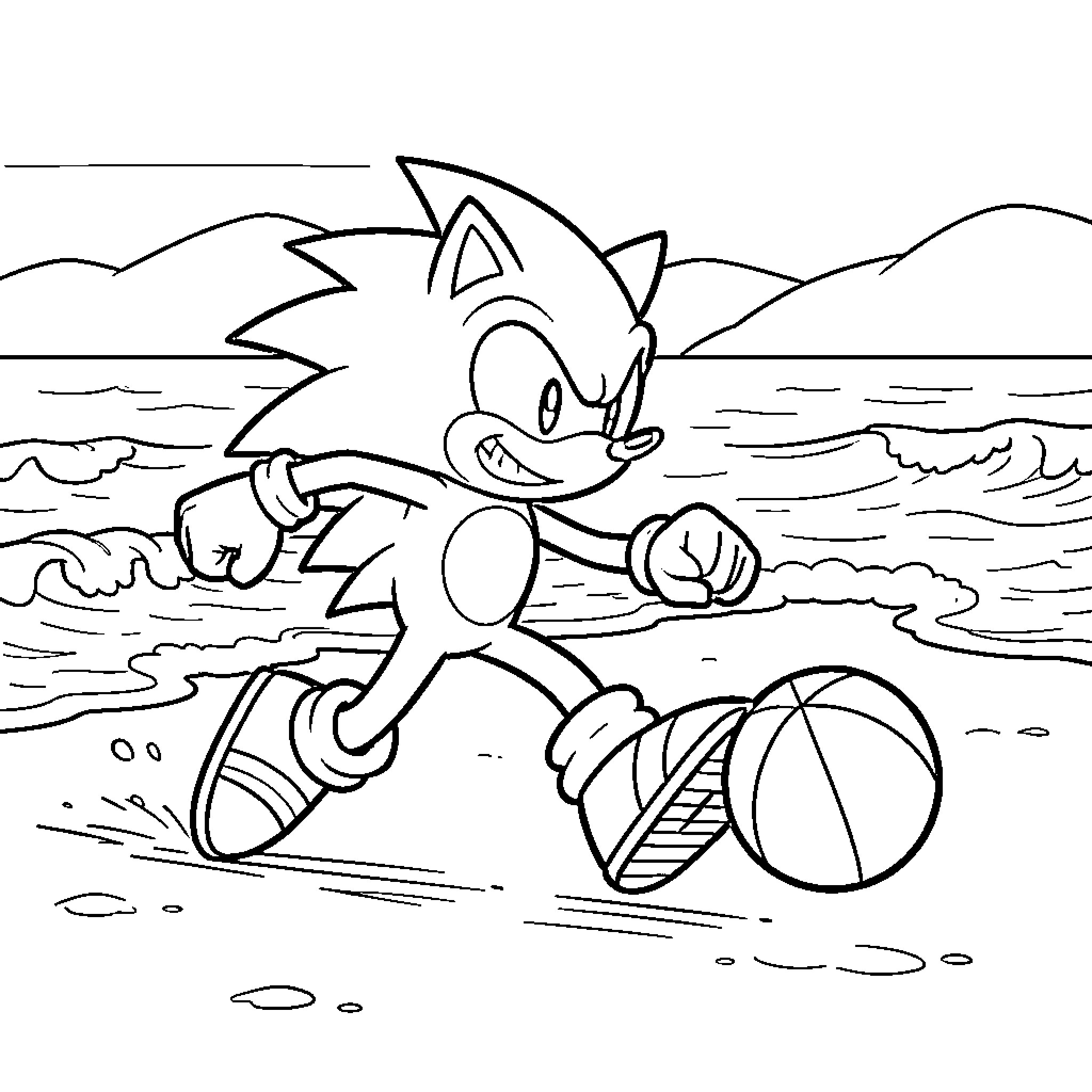 Sonic playing soccer on a sunny beach Coloring Page (free black-and-white line drawing printable PDF for all, from beginners to advanced learners, including children, teens, adults, and seniors)
