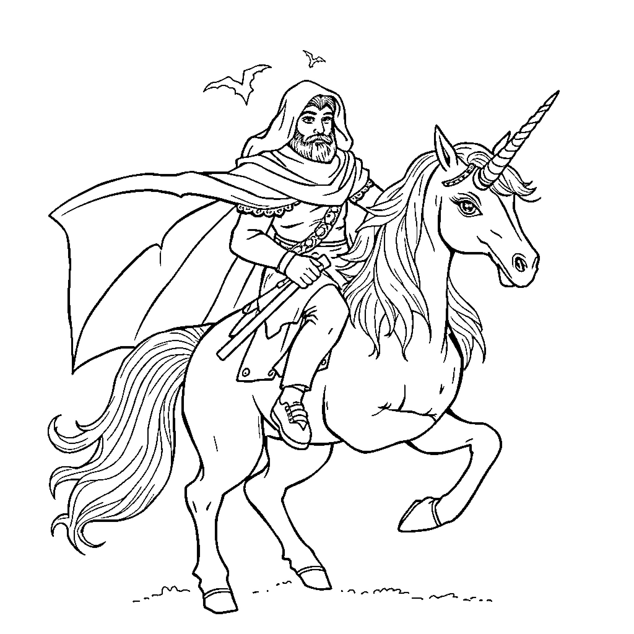 Rumi riding a unicorn in a fantastical scene Coloring Page (free black-and-white line drawing printable PDF for all, from beginners to advanced learners, including children, teens, adults, and seniors)