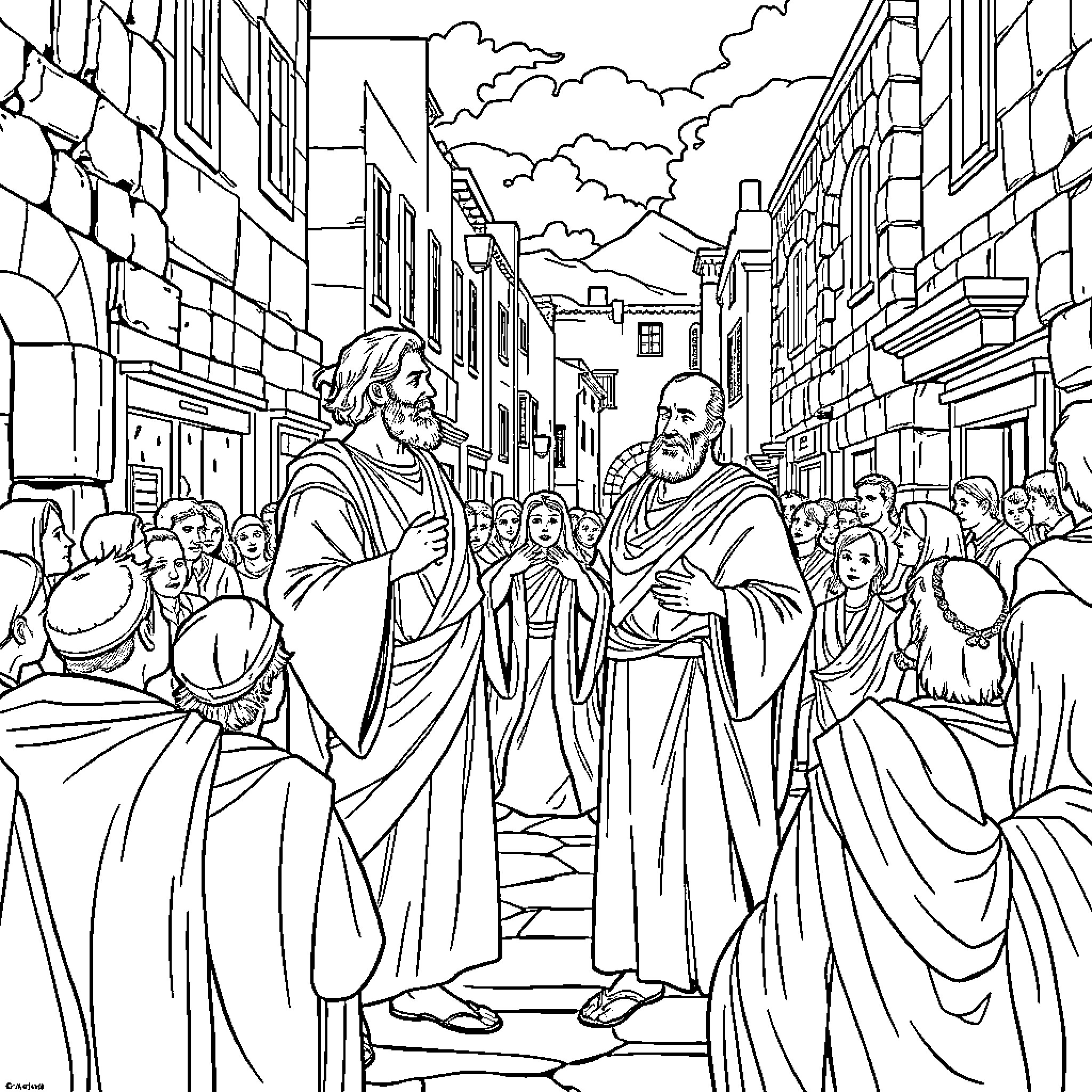 Apostles preaching to the crowd in a city street Coloring Page (free black-and-white line drawing printable PDF for all, from beginners to advanced learners, including children, teens, adults, and seniors)