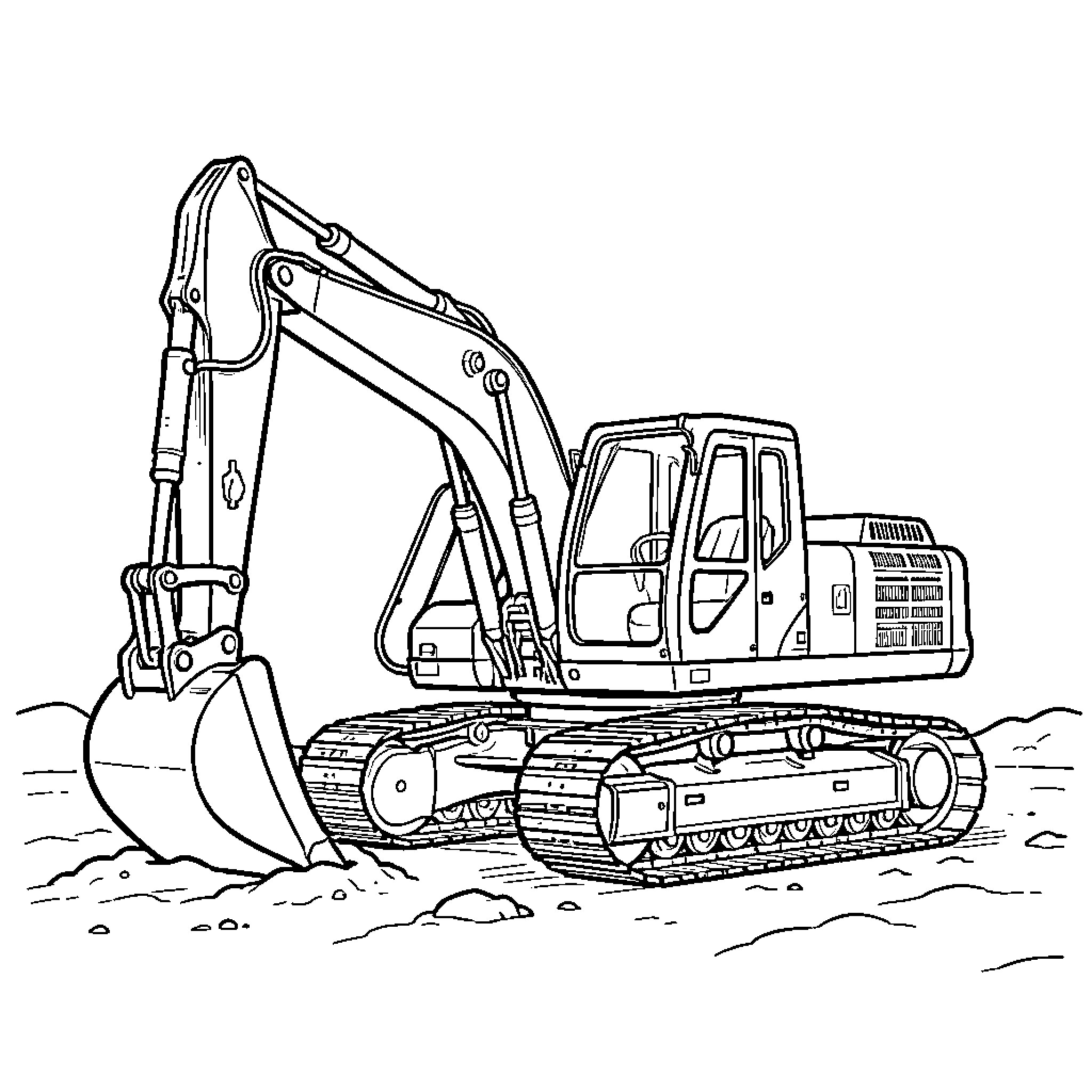 Excavator working on a construction site digging dirt Coloring Page (free black-and-white line drawing printable PDF for all, from beginners to advanced learners, including children, teens, adults, and seniors)