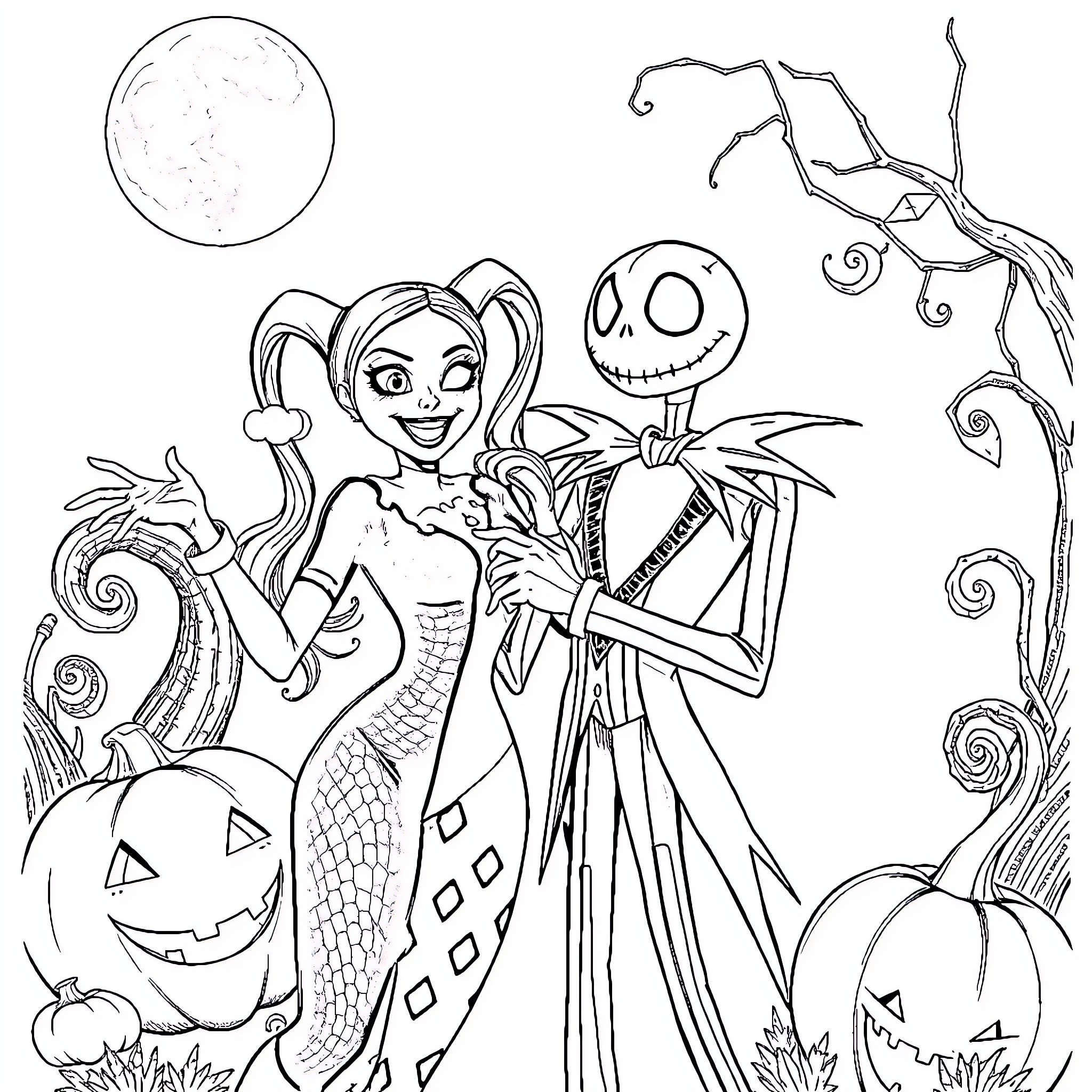 Harley Quinn and Jack Skellington in Halloween scene Coloring Page (free black-and-white line drawing printable PDF for all, from beginners to advanced learners, including children, teens, adults, and seniors)