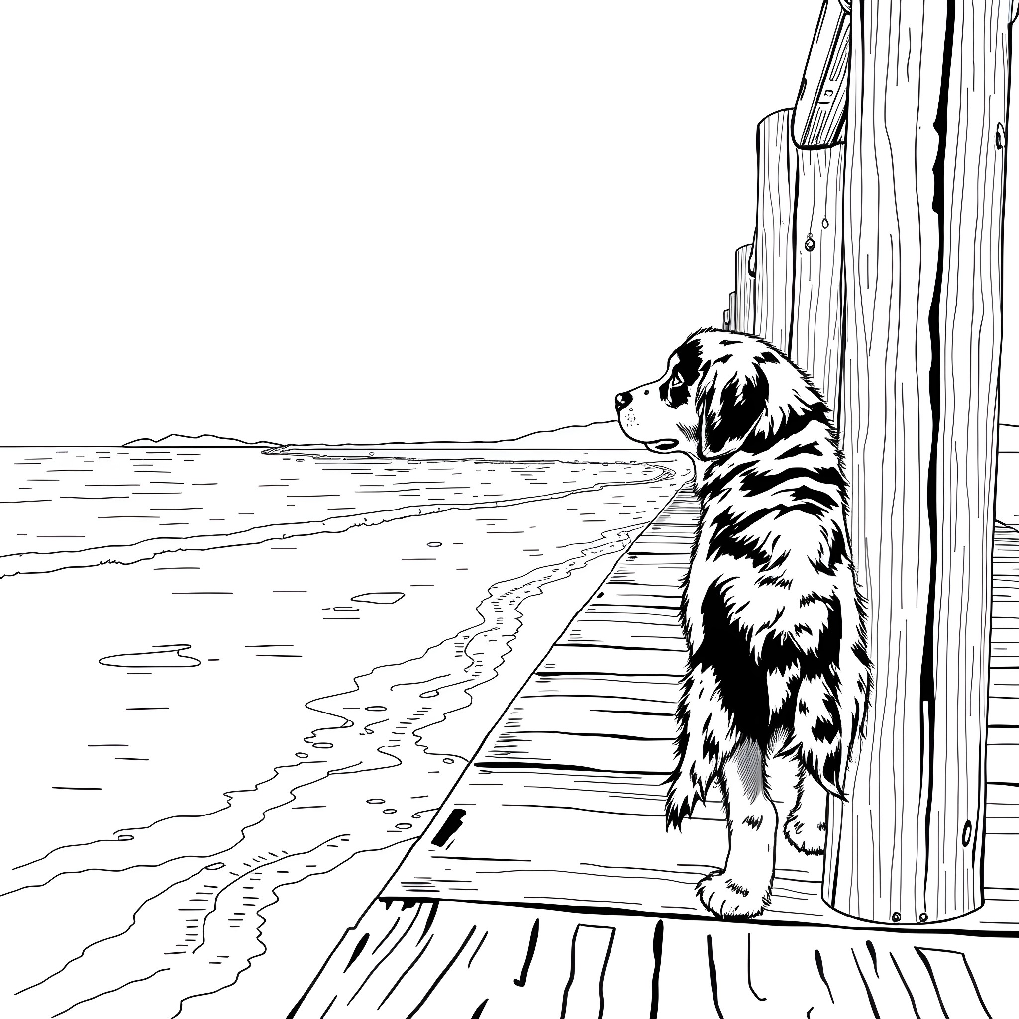 Bernese Mountain Dog overlooking tranquil lake scene Coloring Page (free black-and-white line drawing printable PDF for all, from beginners to advanced learners, including children, teens, adults, and seniors)