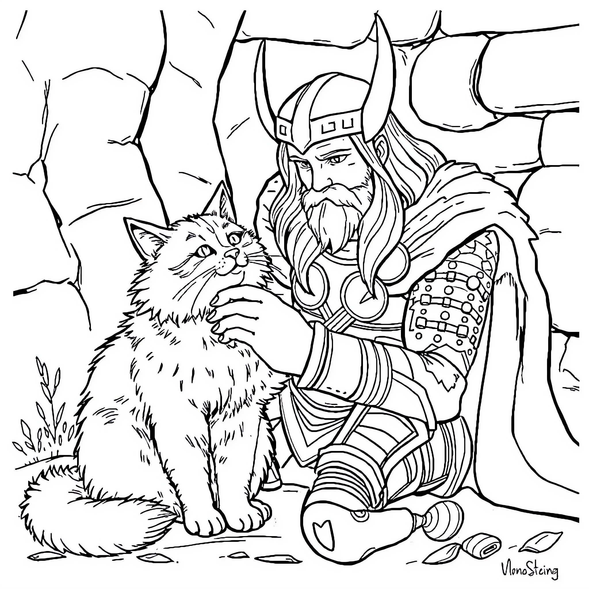 Thor and the Curious Cat in the Wilderness Coloring Page (free black-and-white line drawing printable PDF for all, from beginners to advanced learners, including children, teens, adults, and seniors)