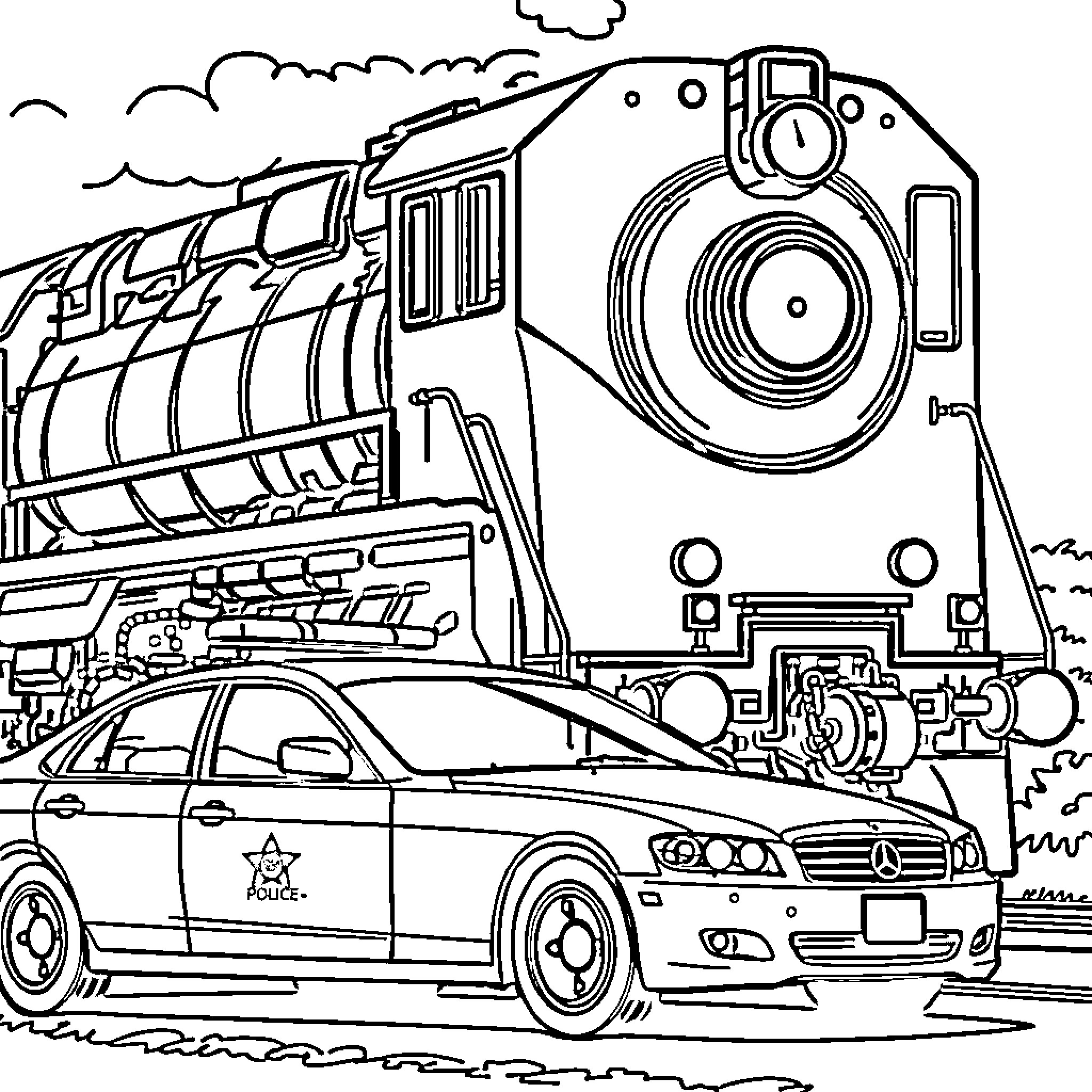 Police Car Chasing Vintage Train on Tracks Coloring Page (free black-and-white line drawing printable PDF for all, from beginners to advanced learners, including children, teens, adults, and seniors)