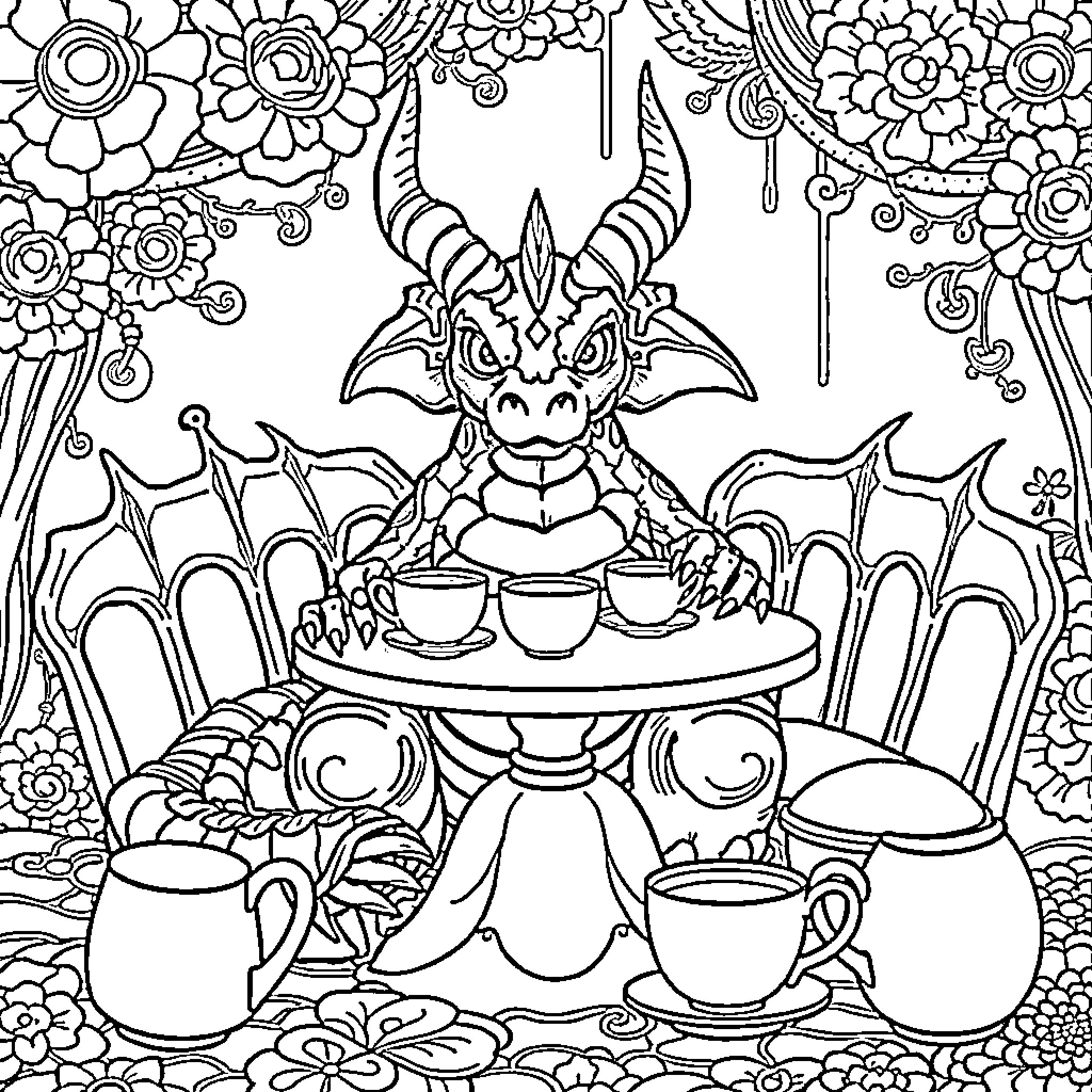 Demogorgon enjoying a tea party in a floral wonderland Coloring Page (free black-and-white line drawing printable PDF for all, from beginners to advanced learners, including children, teens, adults, and seniors)