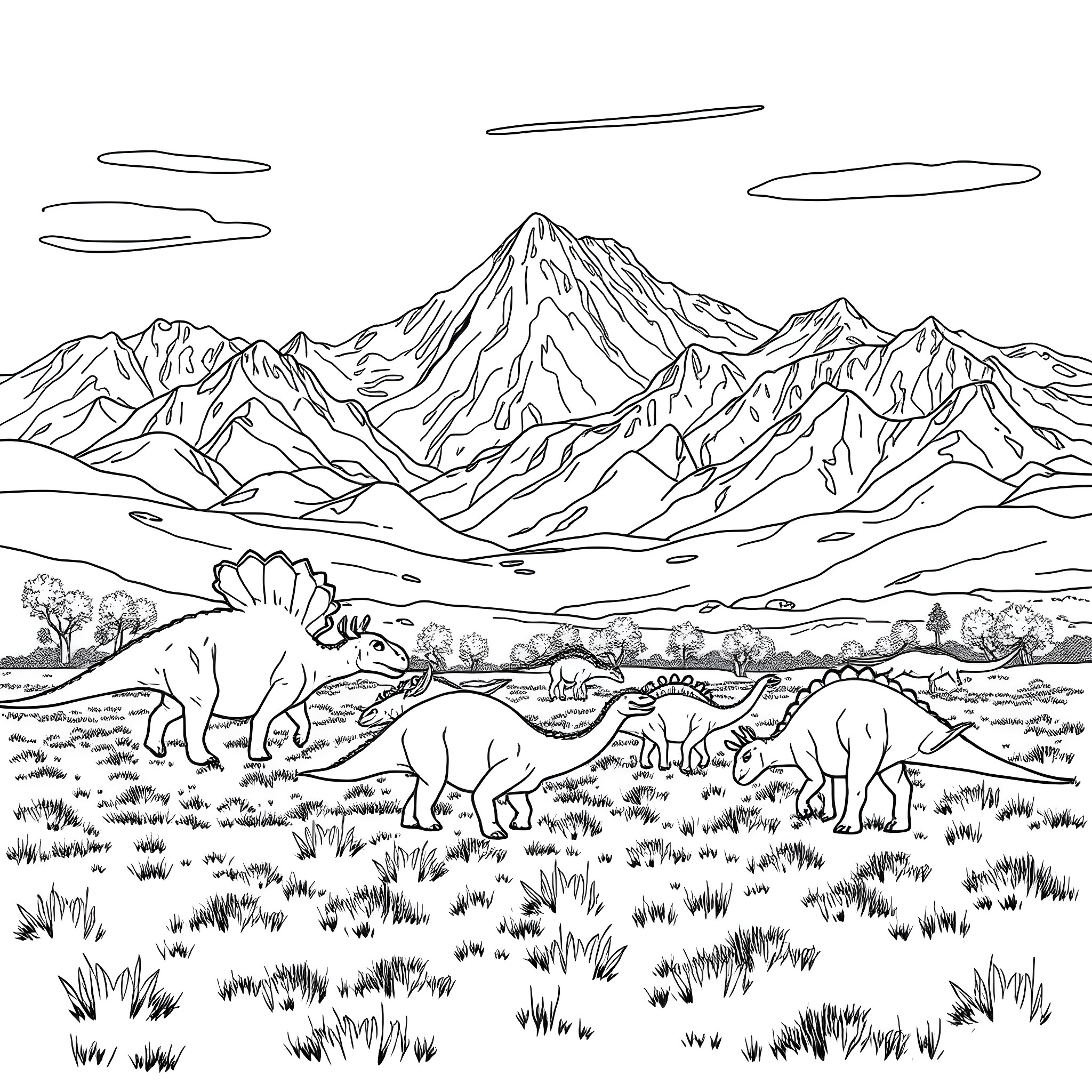 Dinosaurs roaming the prehistoric landscape Coloring Page (free black-and-white line drawing printable PDF for all, from beginners to advanced learners, including children, teens, adults, and seniors)