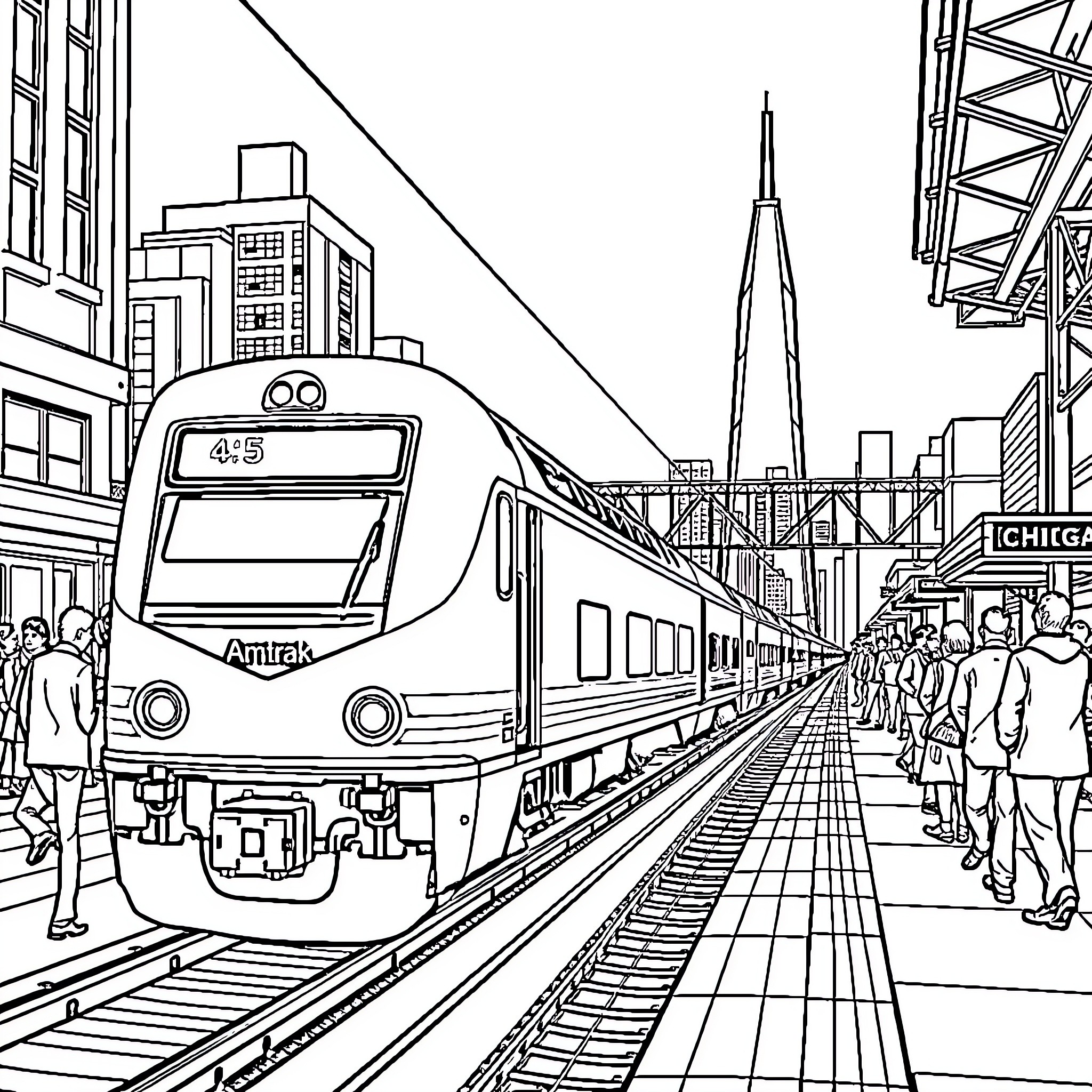 Train commuters boarding in urban station Coloring Page (free black-and-white line drawing printable PDF for all, from beginners to advanced learners, including children, teens, adults, and seniors)