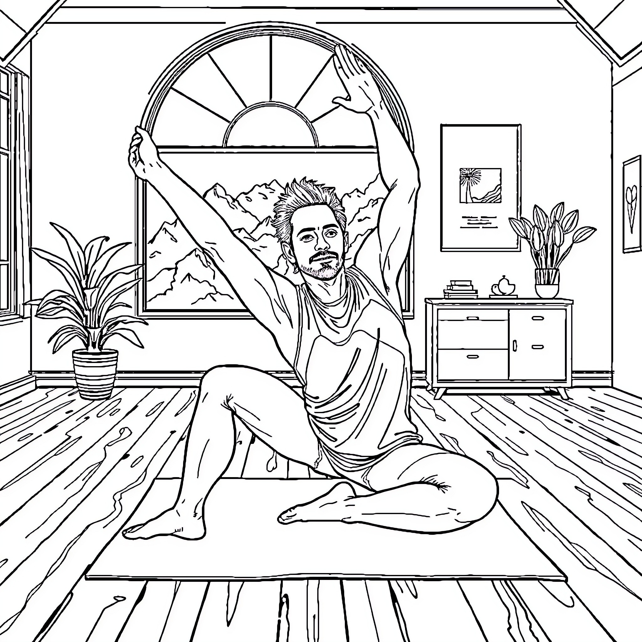 Steve Buscemi Enjoying Peaceful Moment in Scenic Room Coloring Page (free black-and-white line drawing printable PDF for all, from beginners to advanced learners, including children, teens, adults, and seniors)