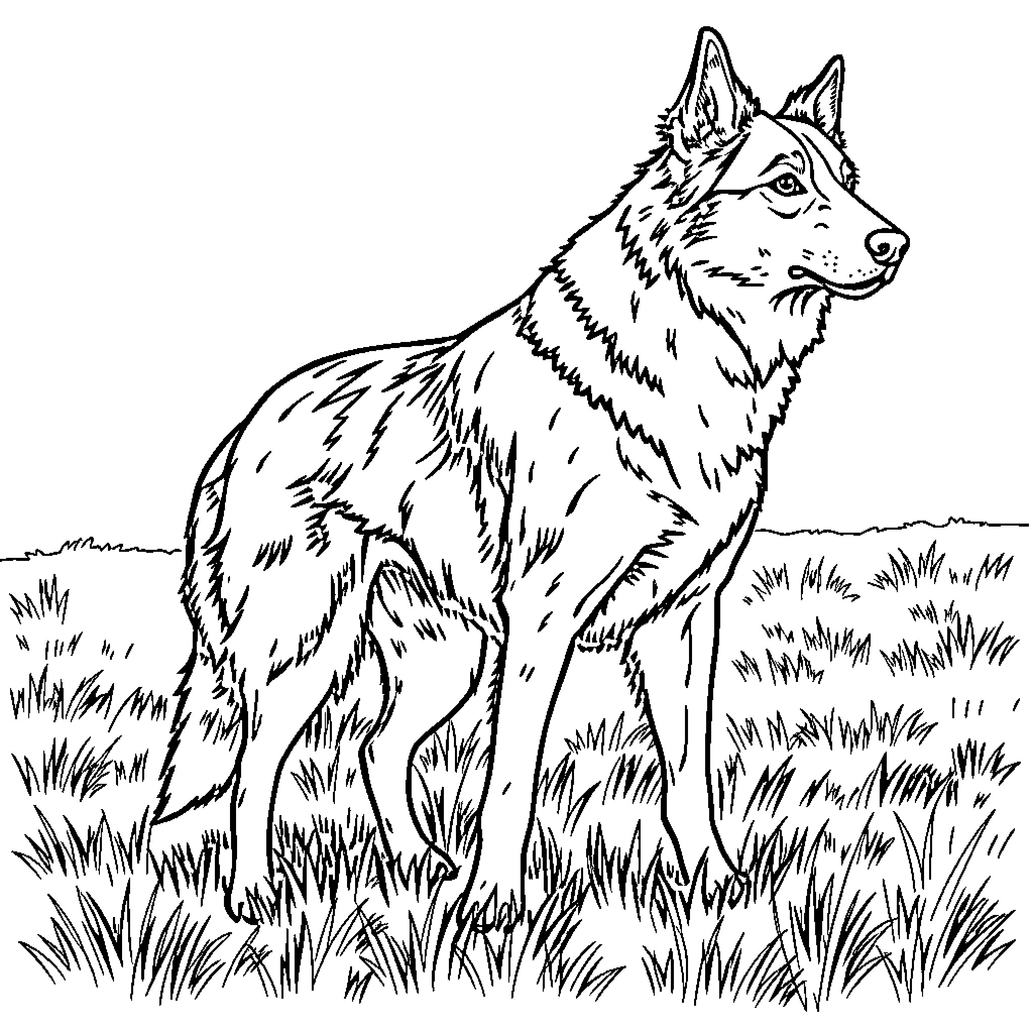 Border Collie standing alert in the field Coloring Page (free black-and-white line drawing printable PDF for all, from beginners to advanced learners, including children, teens, adults, and seniors)