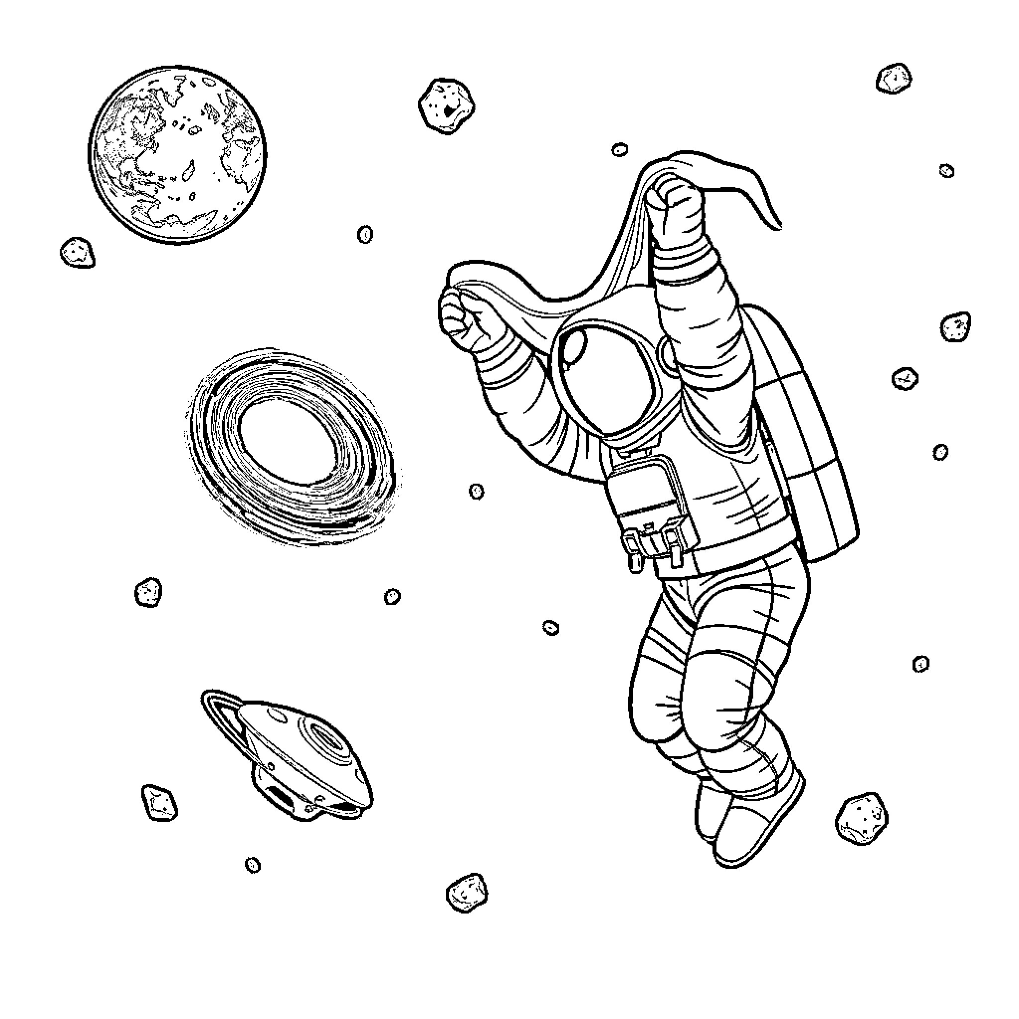 Astronaut Floating in Outer Space Coloring Page (free black-and-white line drawing printable PDF for all, from beginners to advanced learners, including children, teens, adults, and seniors)