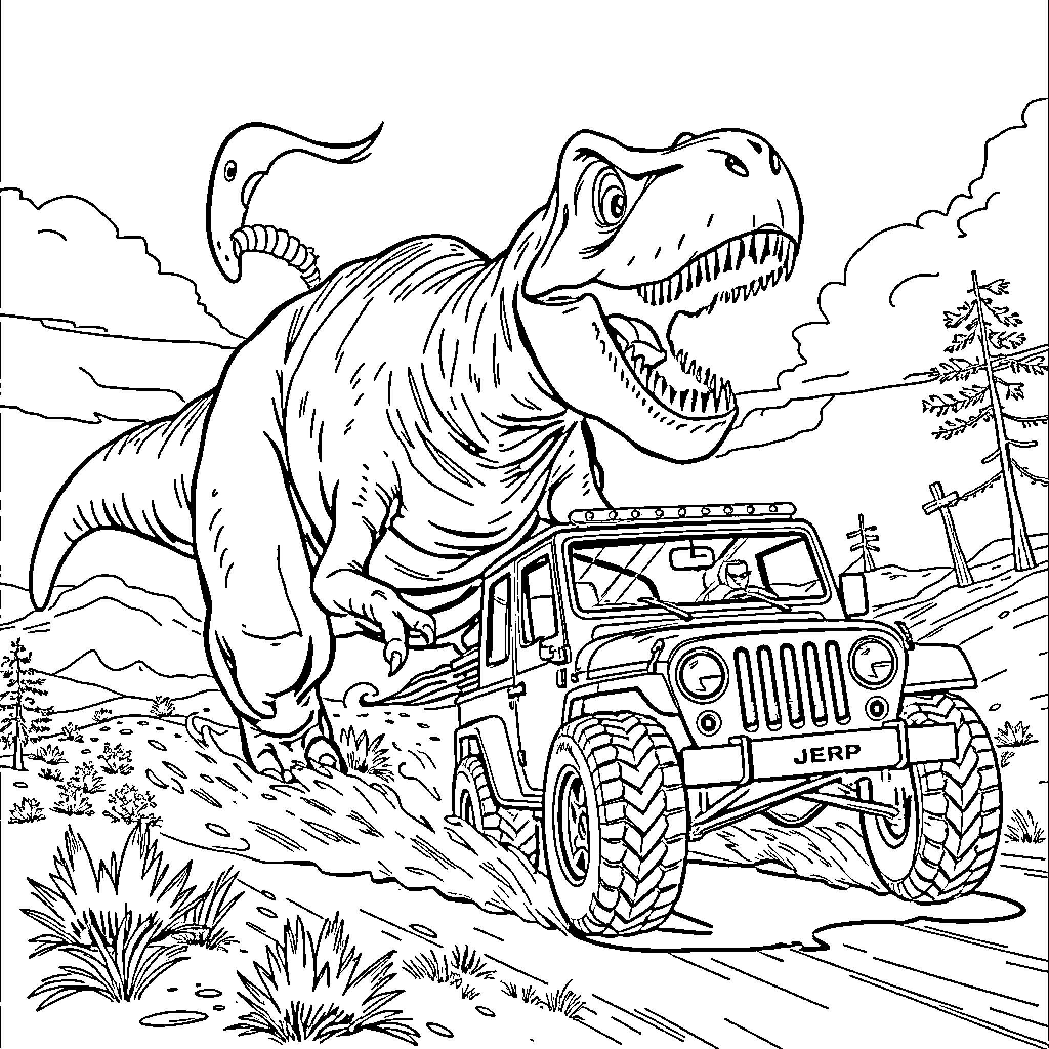 Tyrannosaurus Chases Jeep Through Jurassic Landscape Coloring Page (free black-and-white line drawing printable PDF for all, from beginners to advanced learners, including children, teens, adults, and seniors)