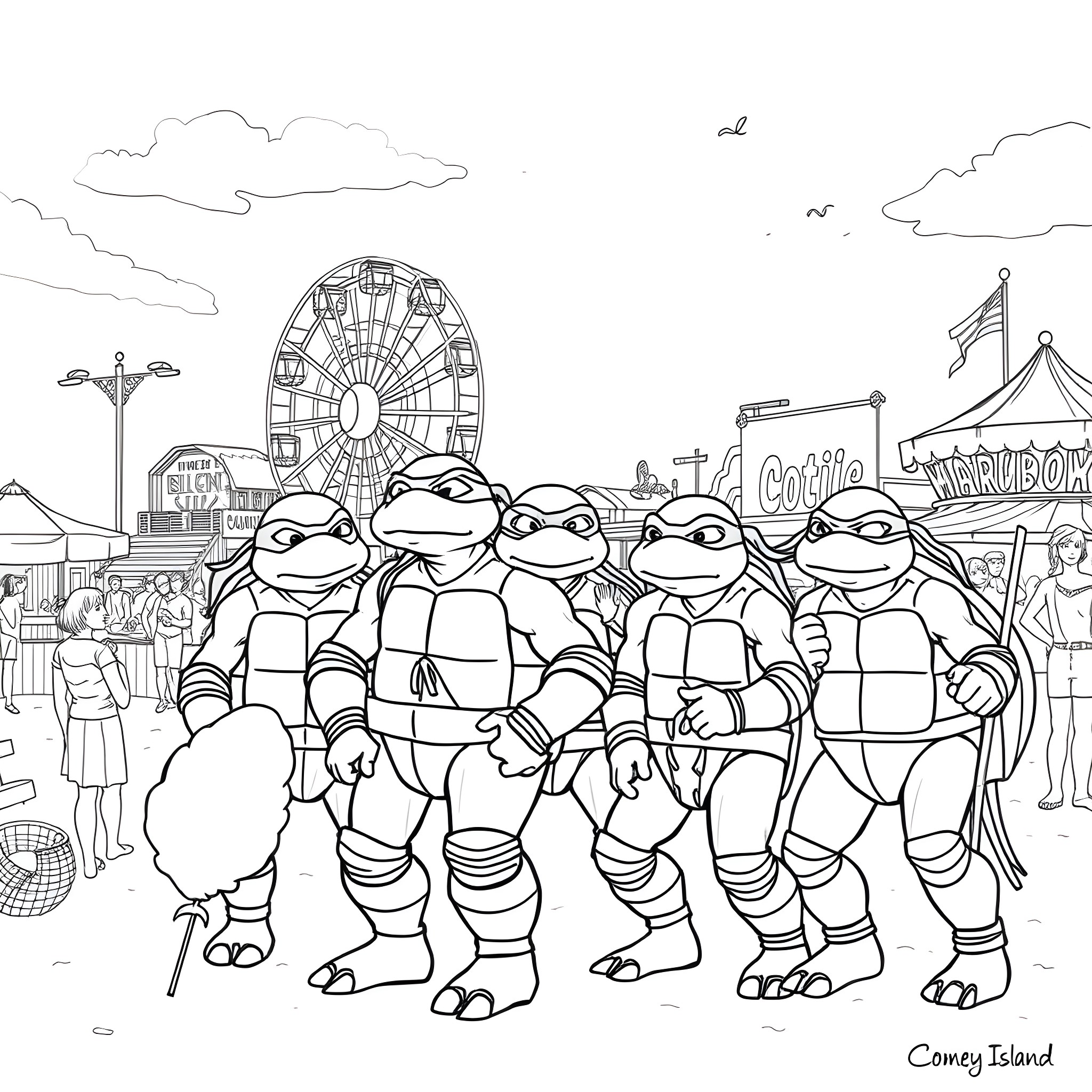 Teenage Mutant Ninja Turtles at the carnival fair Coloring Page (free black-and-white line drawing printable PDF for all, from beginners to advanced learners, including children, teens, adults, and seniors)
