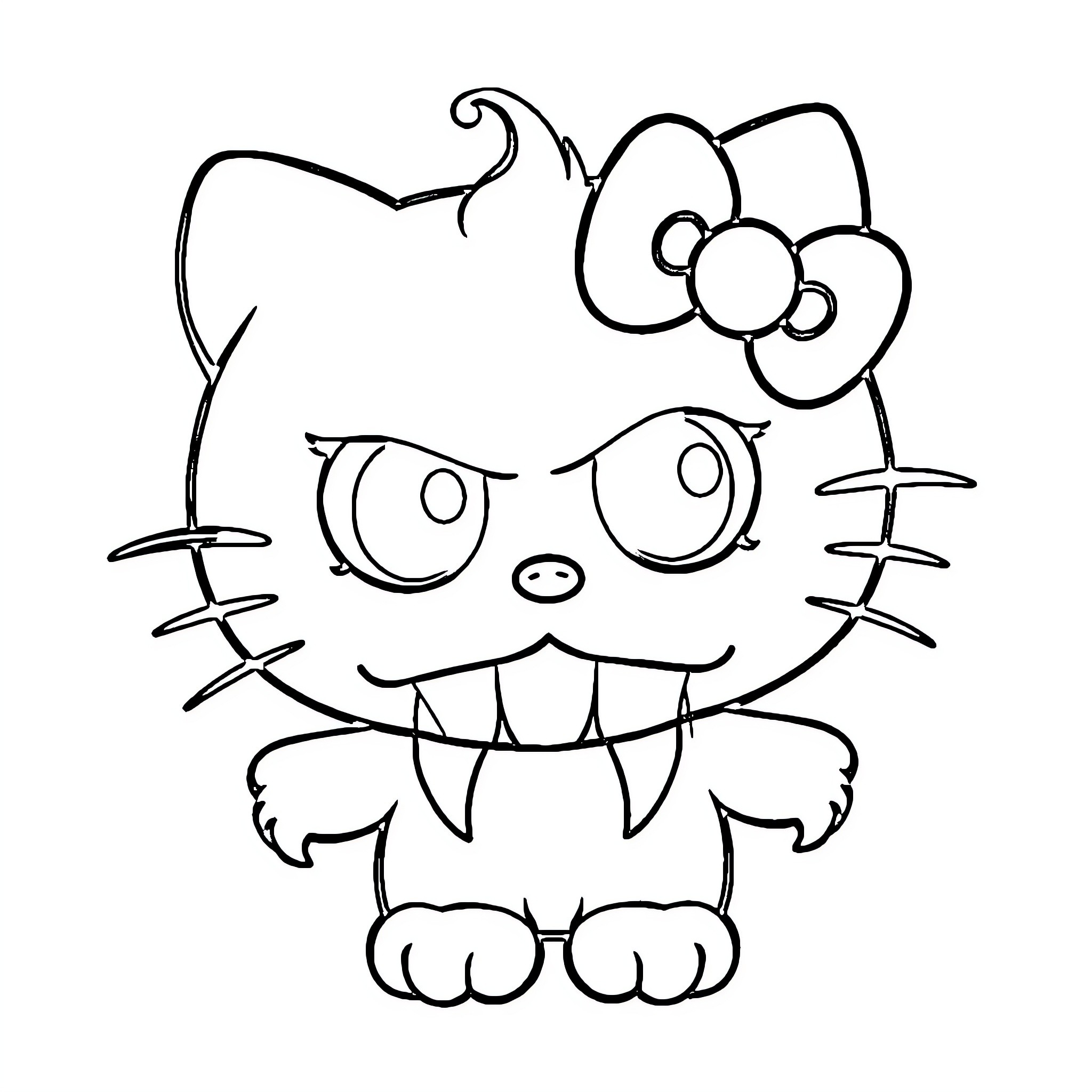Hello Kitty's Monstrous Grin Coloring Page (free black-and-white line drawing printable PDF for all, from beginners to advanced learners, including children, teens, adults, and seniors)