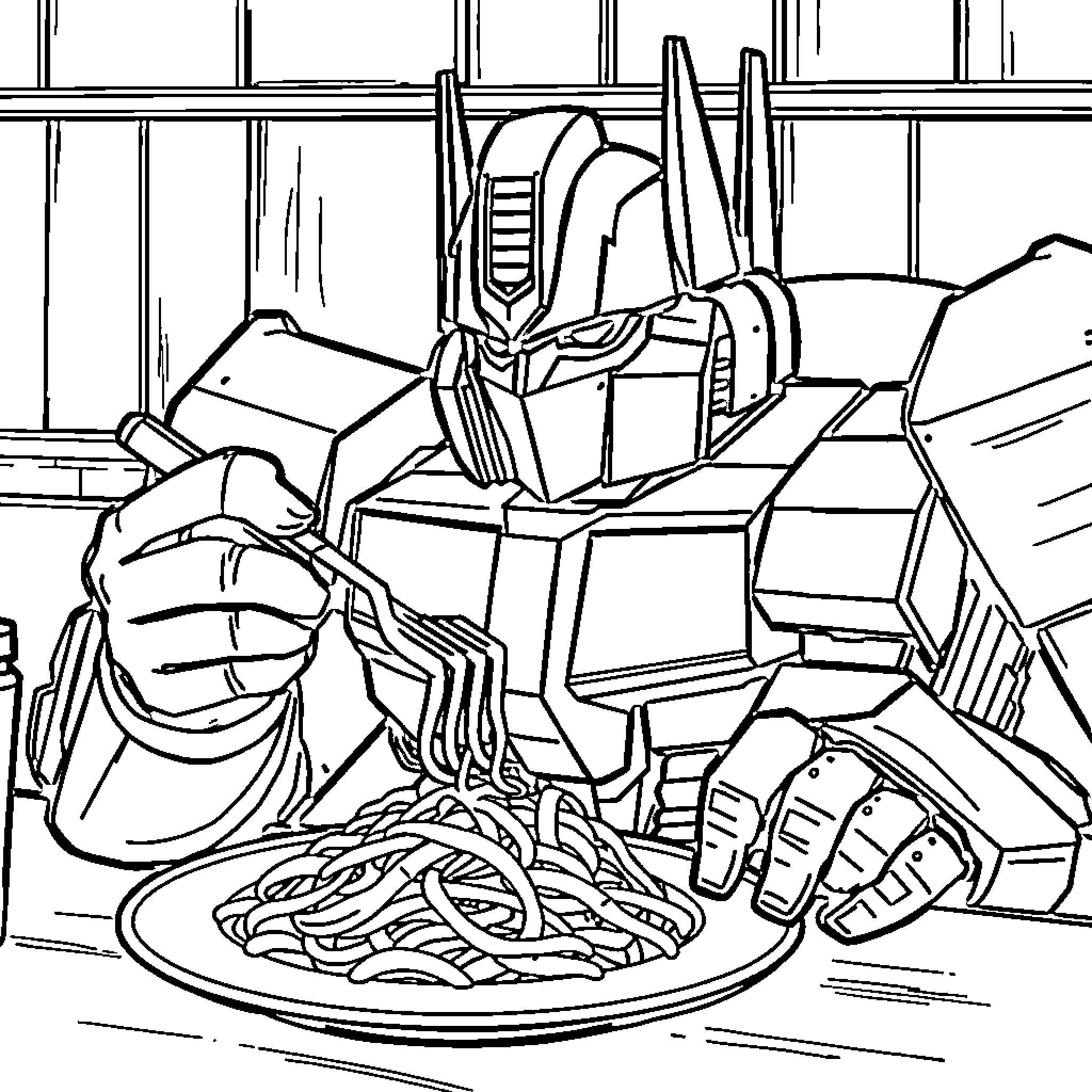 Optimus Prime Enjoying a Meal in the City Coloring Page (free black-and-white line drawing printable PDF for all, from beginners to advanced learners, including children, teens, adults, and seniors)