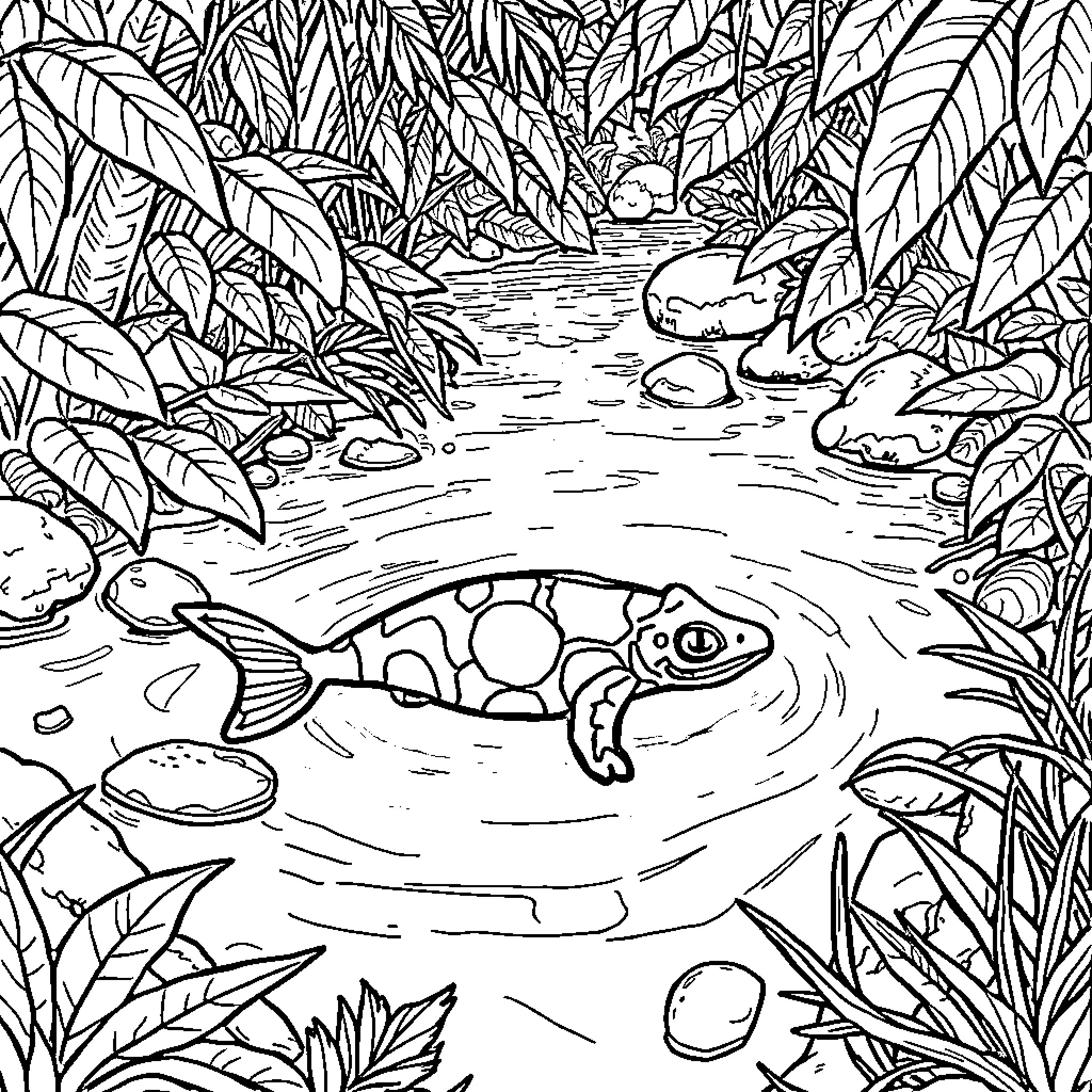 Axolotl swimming in the tranquil forest pond Coloring Page (free black-and-white line drawing printable PDF for all, from beginners to advanced learners, including children, teens, adults, and seniors)