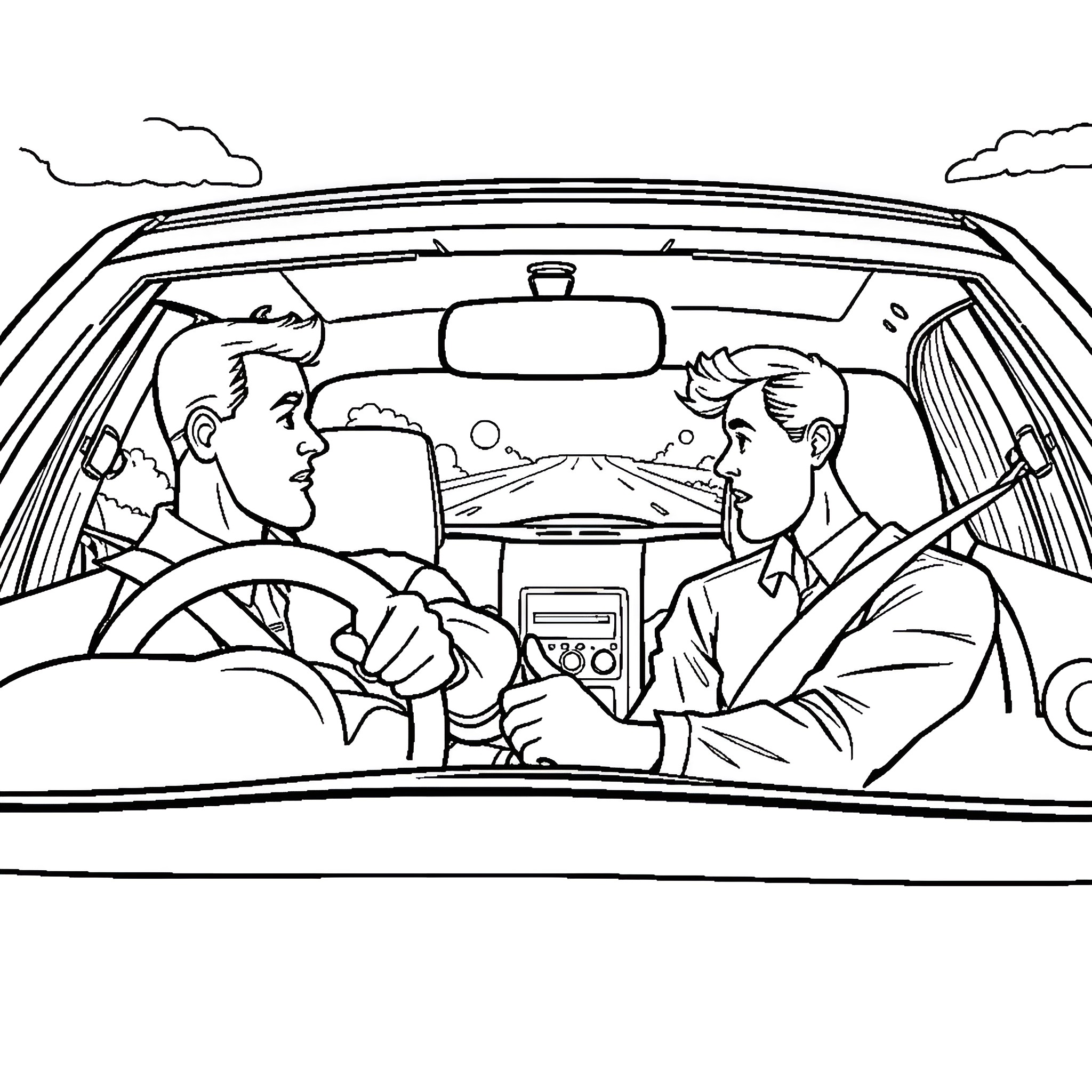 Instructor Driving with Passenger in Car Coloring Page (free black-and-white line drawing printable PDF for all, from beginners to advanced learners, including children, teens, adults, and seniors)