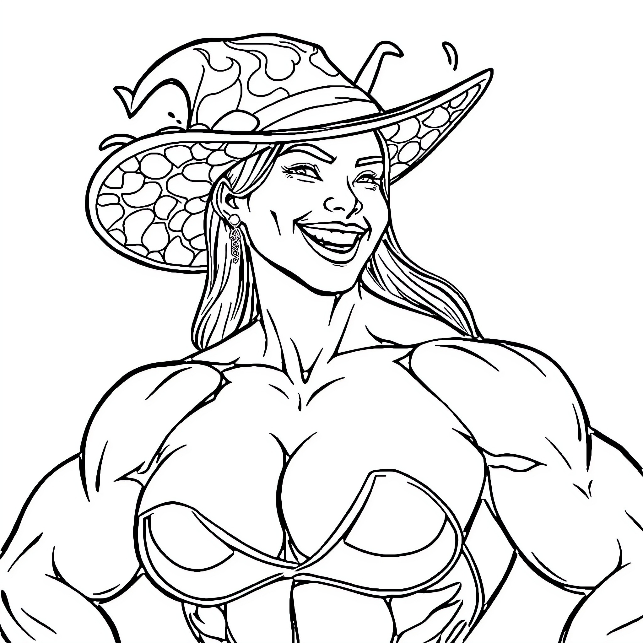 Woman in Playful Cowgirl Outfit Coloring Page (free black-and-white line drawing printable PDF for all, from beginners to advanced learners, including children, teens, adults, and seniors)