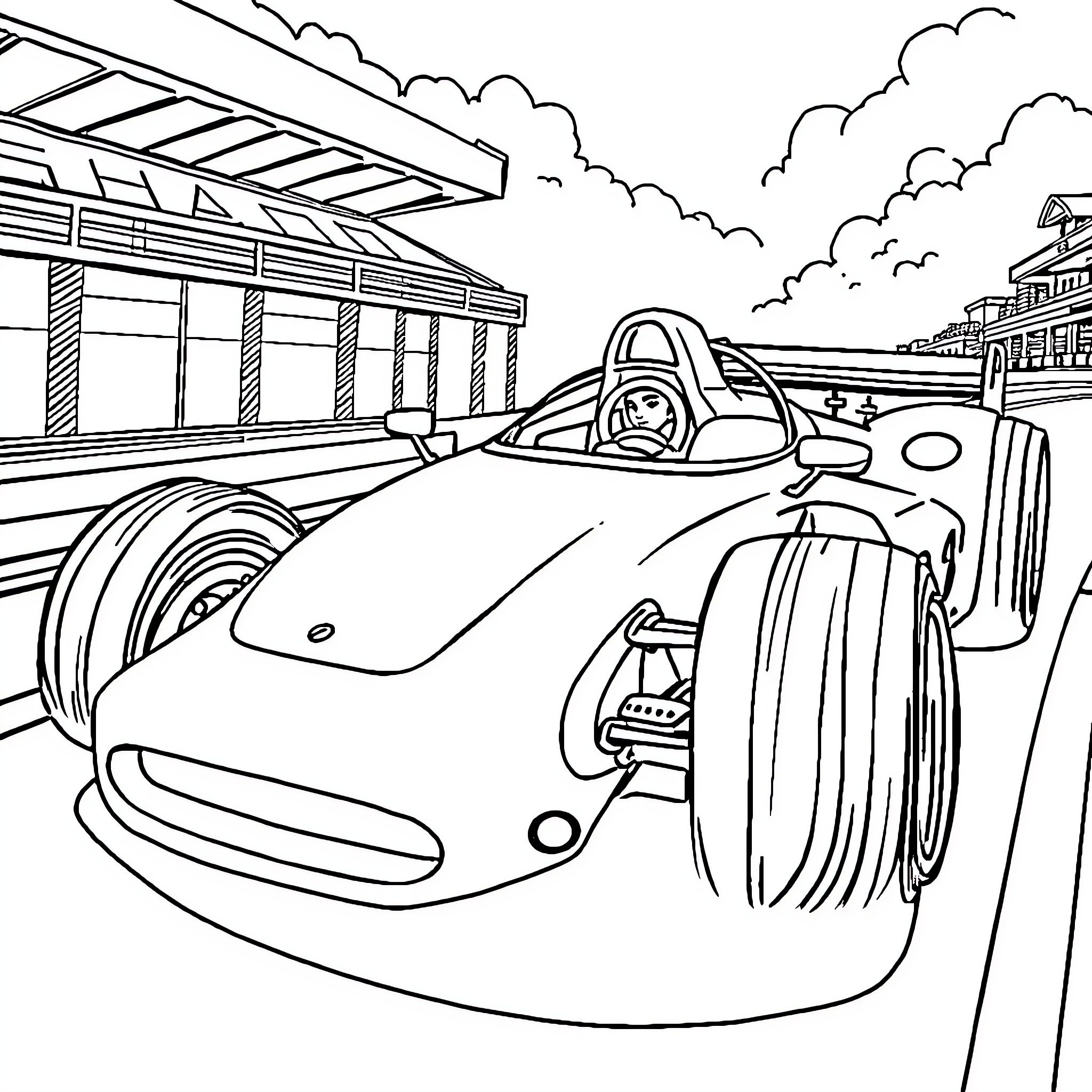 Formula Car Speeding Through a Race Track Coloring Page (free black-and-white line drawing printable PDF for all, from beginners to advanced learners, including children, teens, adults, and seniors)