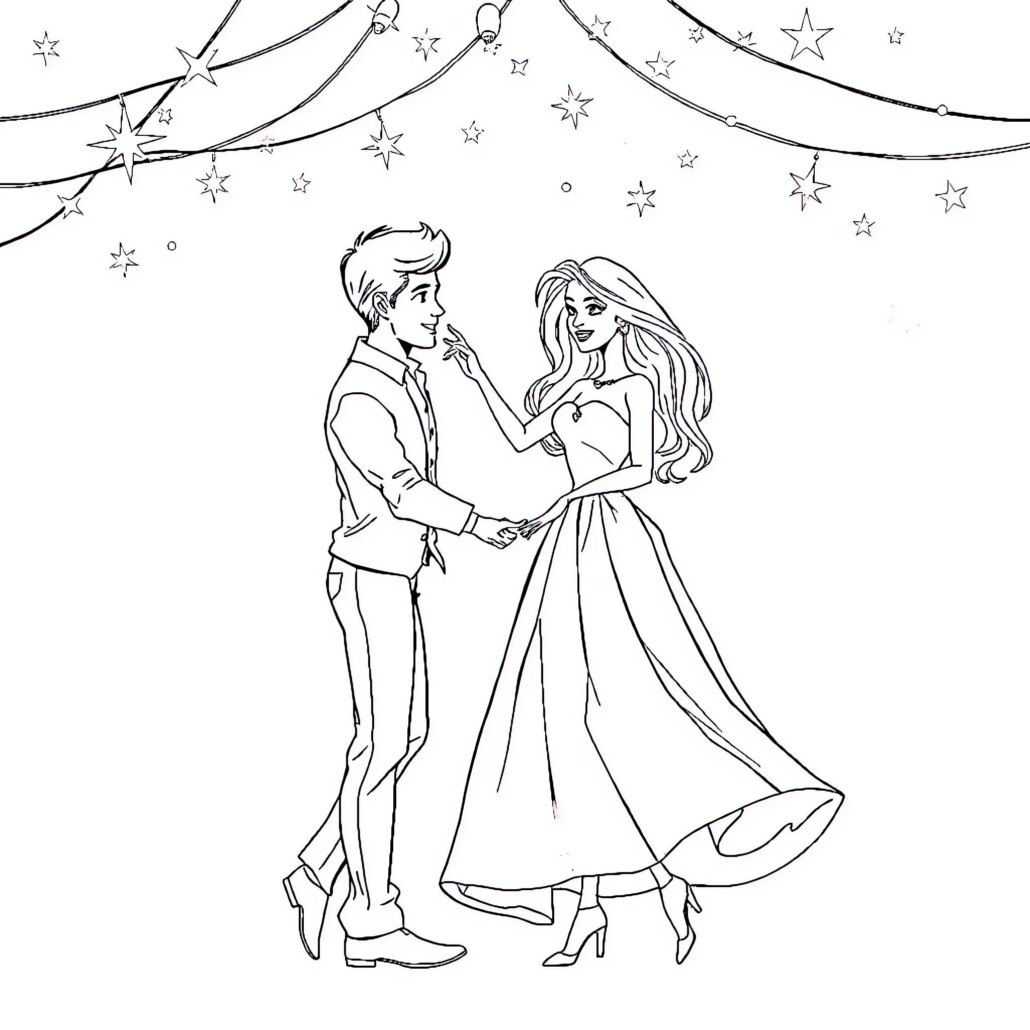 Barbie and Ken dancing under the starry night Coloring Page (free black-and-white line drawing printable PDF for all, from beginners to advanced learners, including children, teens, adults, and seniors)