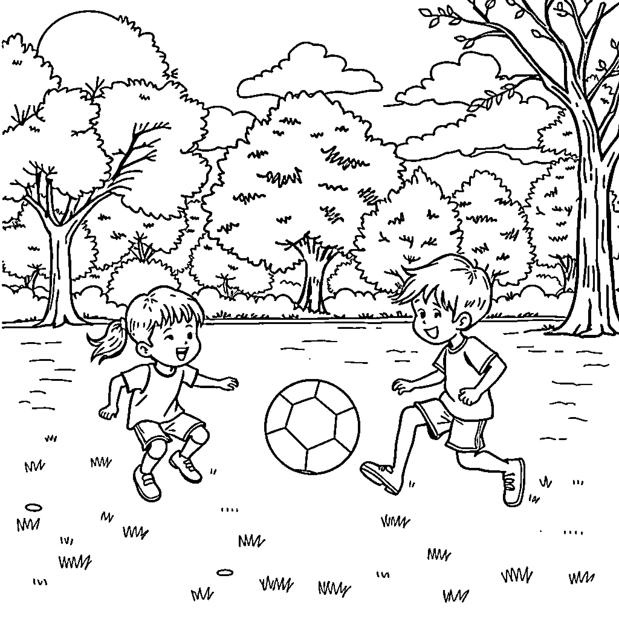 Children playing with soccer ball in the park Coloring Page (free black-and-white line drawing printable PDF for all, from beginners to advanced learners, including children, teens, adults, and seniors)