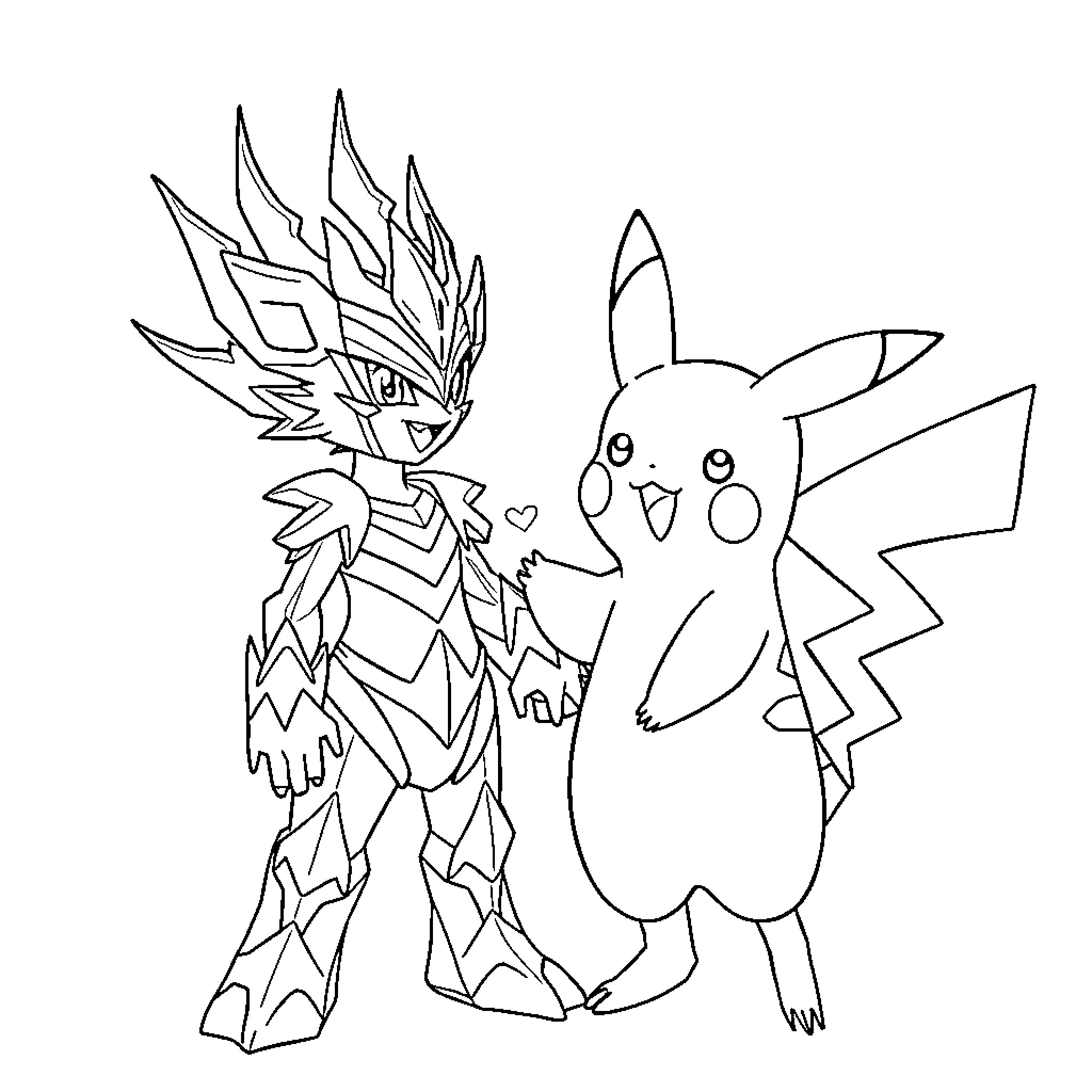 Zygarde and Pikachu in playful encounter Coloring Page (free black-and-white line drawing printable PDF for all, from beginners to advanced learners, including children, teens, adults, and seniors)