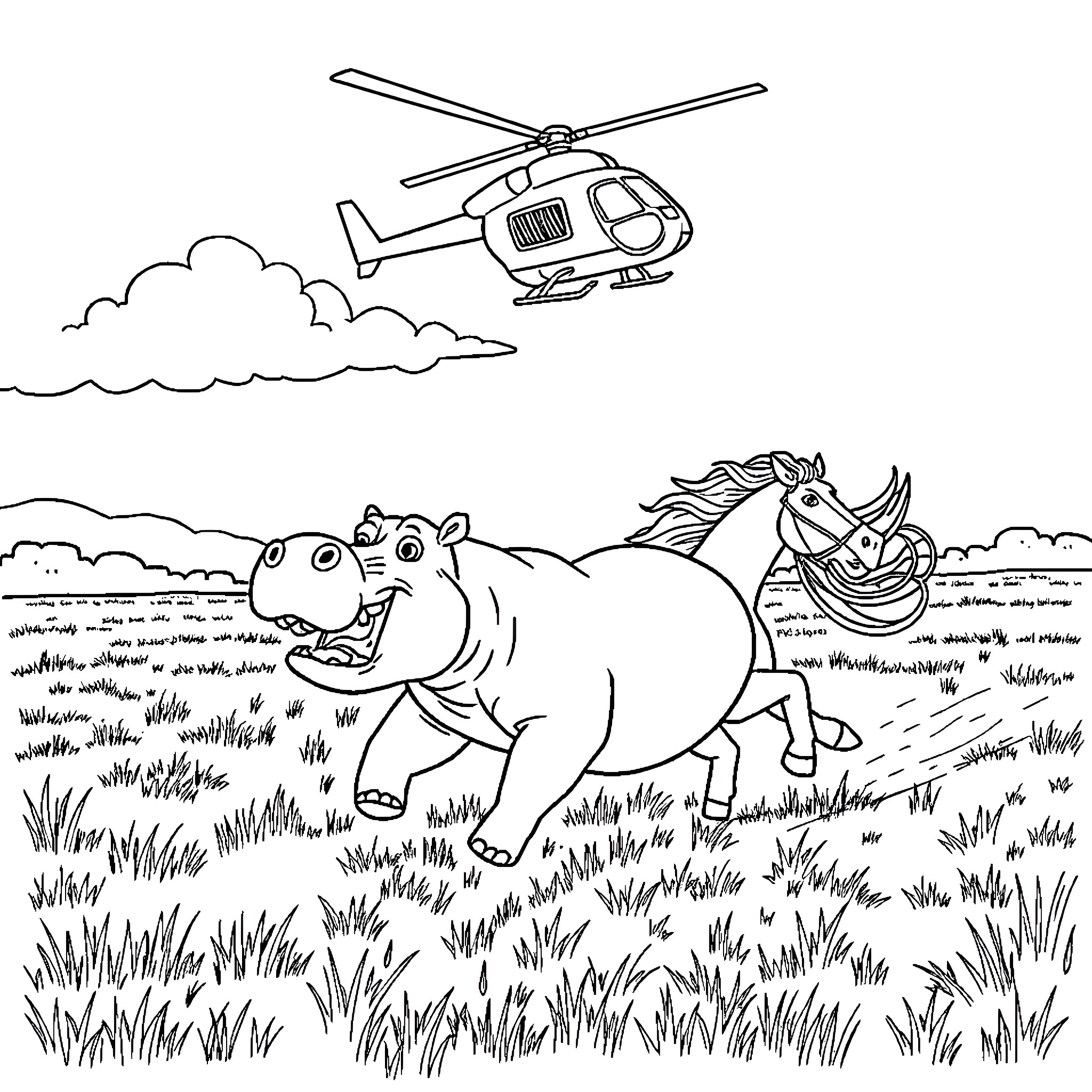 Hippo running free in the meadow with helicopter above Coloring Page (free black-and-white line drawing printable PDF for all, from beginners to advanced learners, including children, teens, adults, and seniors)