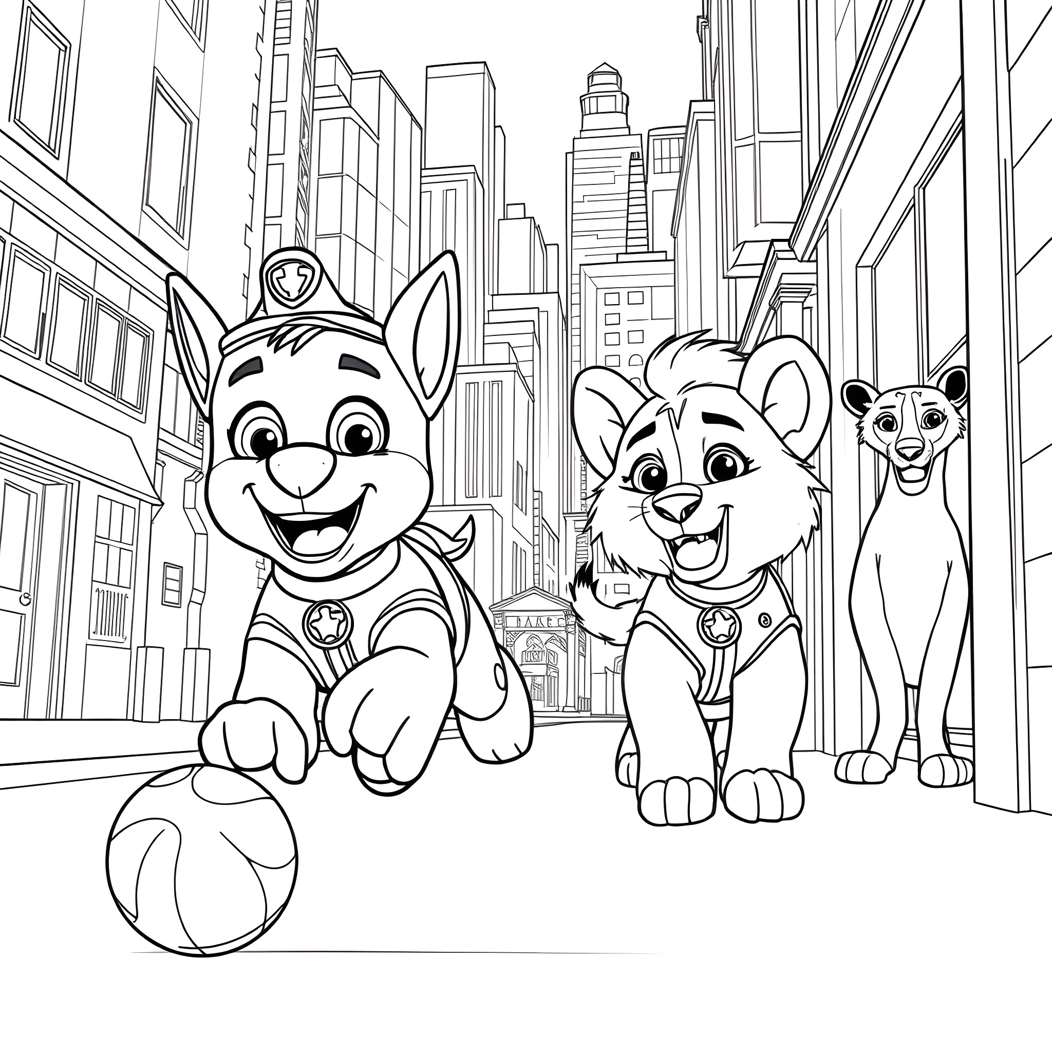 Chase of the Playful Pups in the City Coloring Page (free black-and-white line drawing printable PDF for all, from beginners to advanced learners, including children, teens, adults, and seniors)