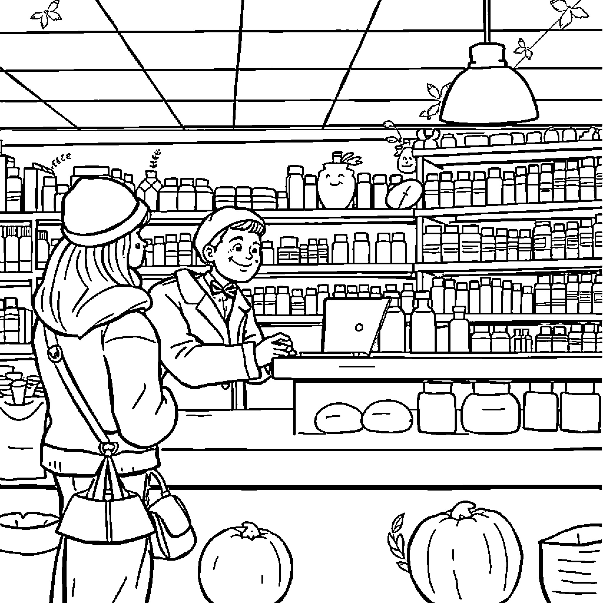 Pharmacist assisting customers in a well-stocked pharmacy Coloring Page (free black-and-white line drawing printable PDF for all, from beginners to advanced learners, including children, teens, adults, and seniors)