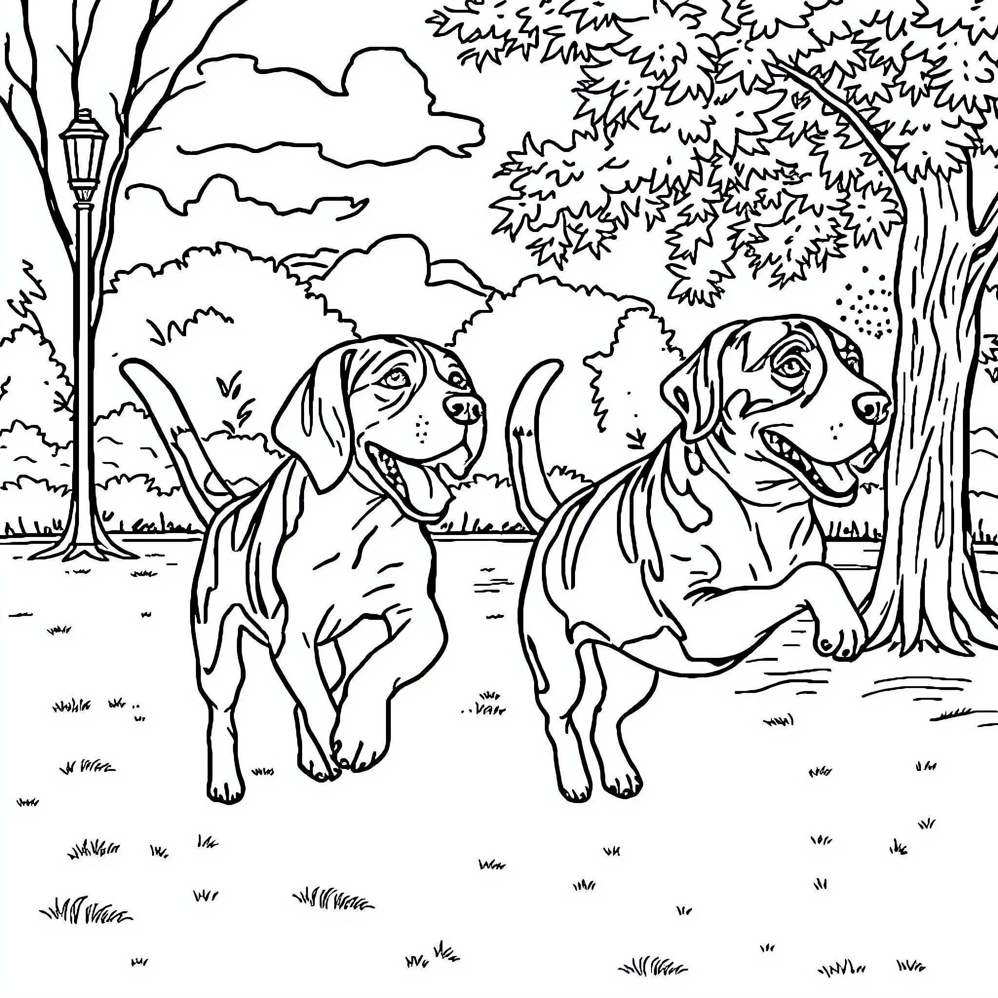 Beagle dogs exploring the outdoors Coloring Page (free black-and-white line drawing printable PDF for all, from beginners to advanced learners, including children, teens, adults, and seniors)
