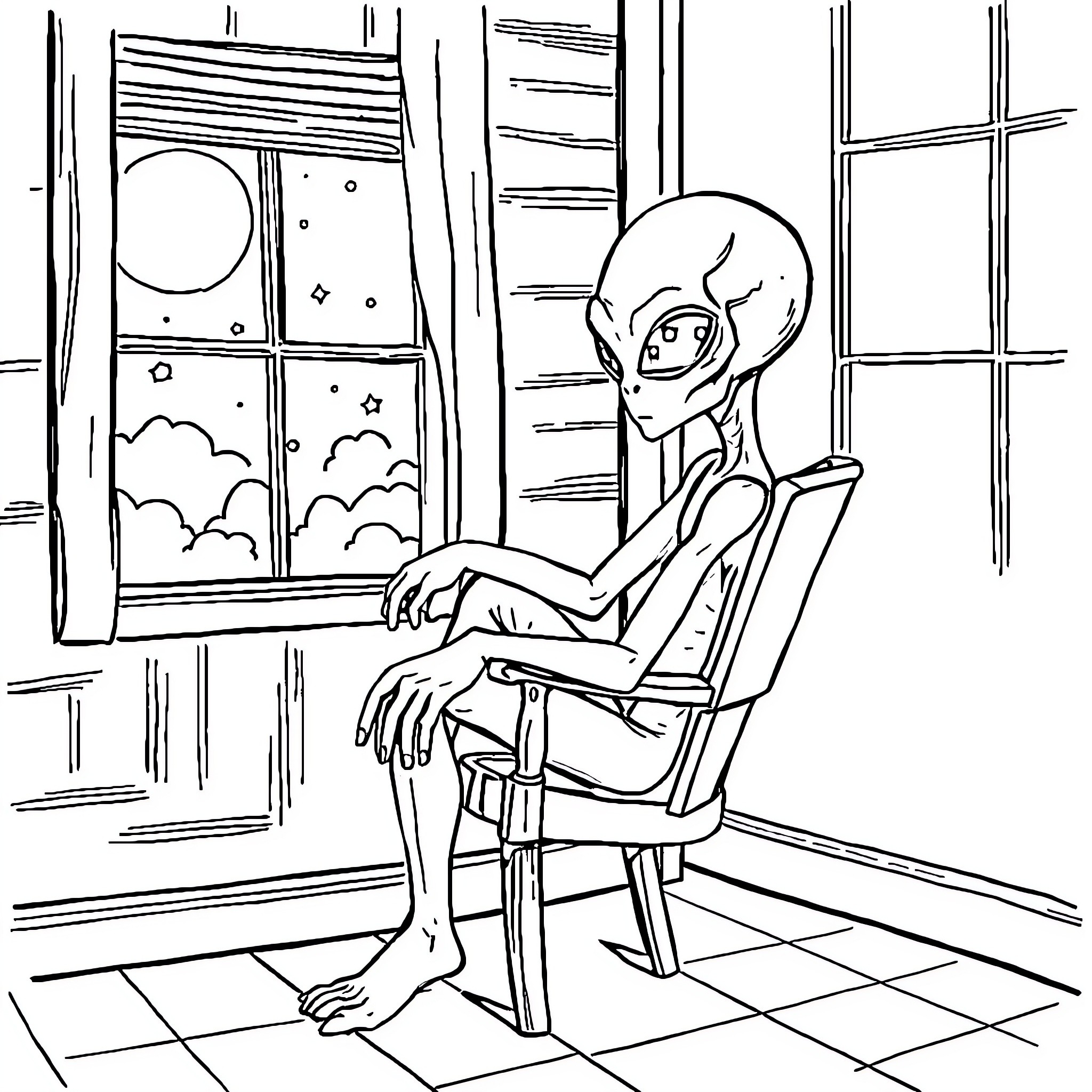 Alien looking out the window with contemplation Coloring Page (free black-and-white line drawing printable PDF for all, from beginners to advanced learners, including children, teens, adults, and seniors)