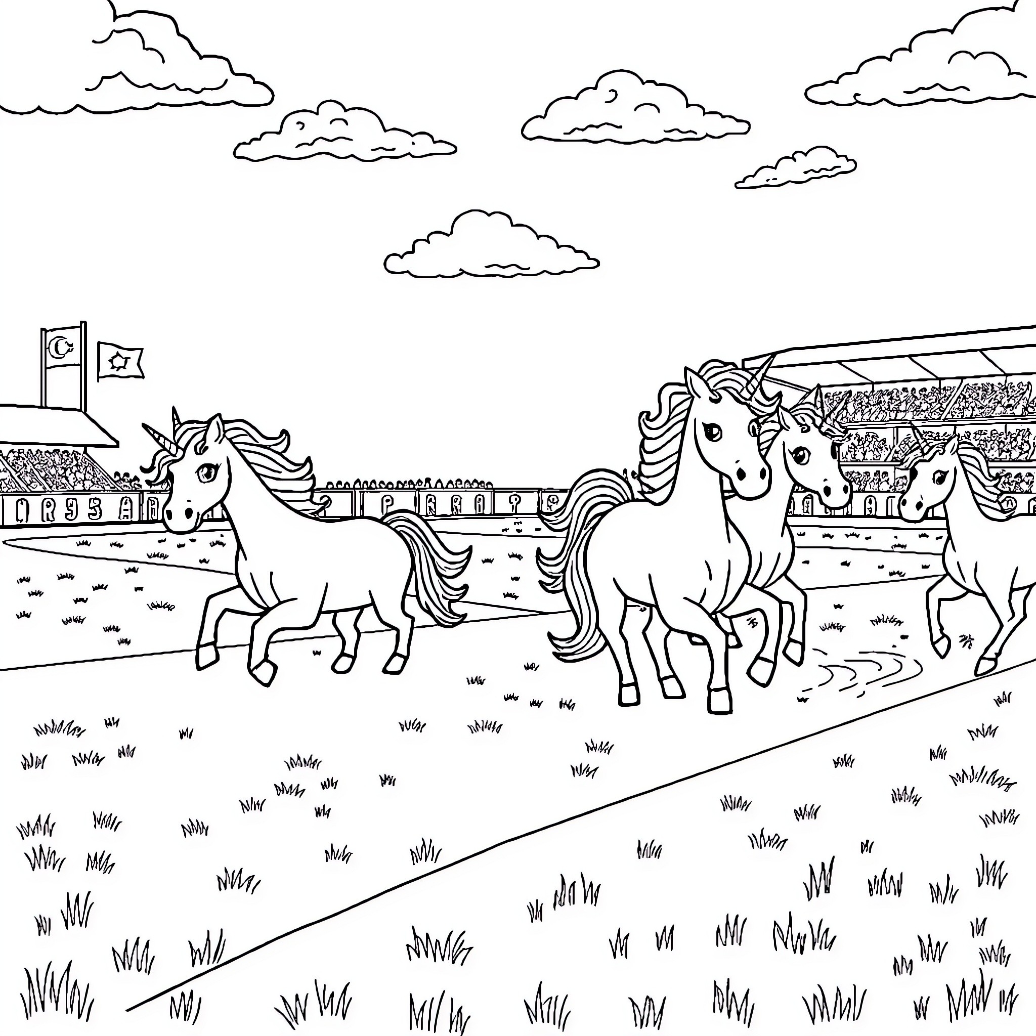 Unicorn Parade Through the Countryside Coloring Page (free black-and-white line drawing printable PDF for all, from beginners to advanced learners, including children, teens, adults, and seniors)