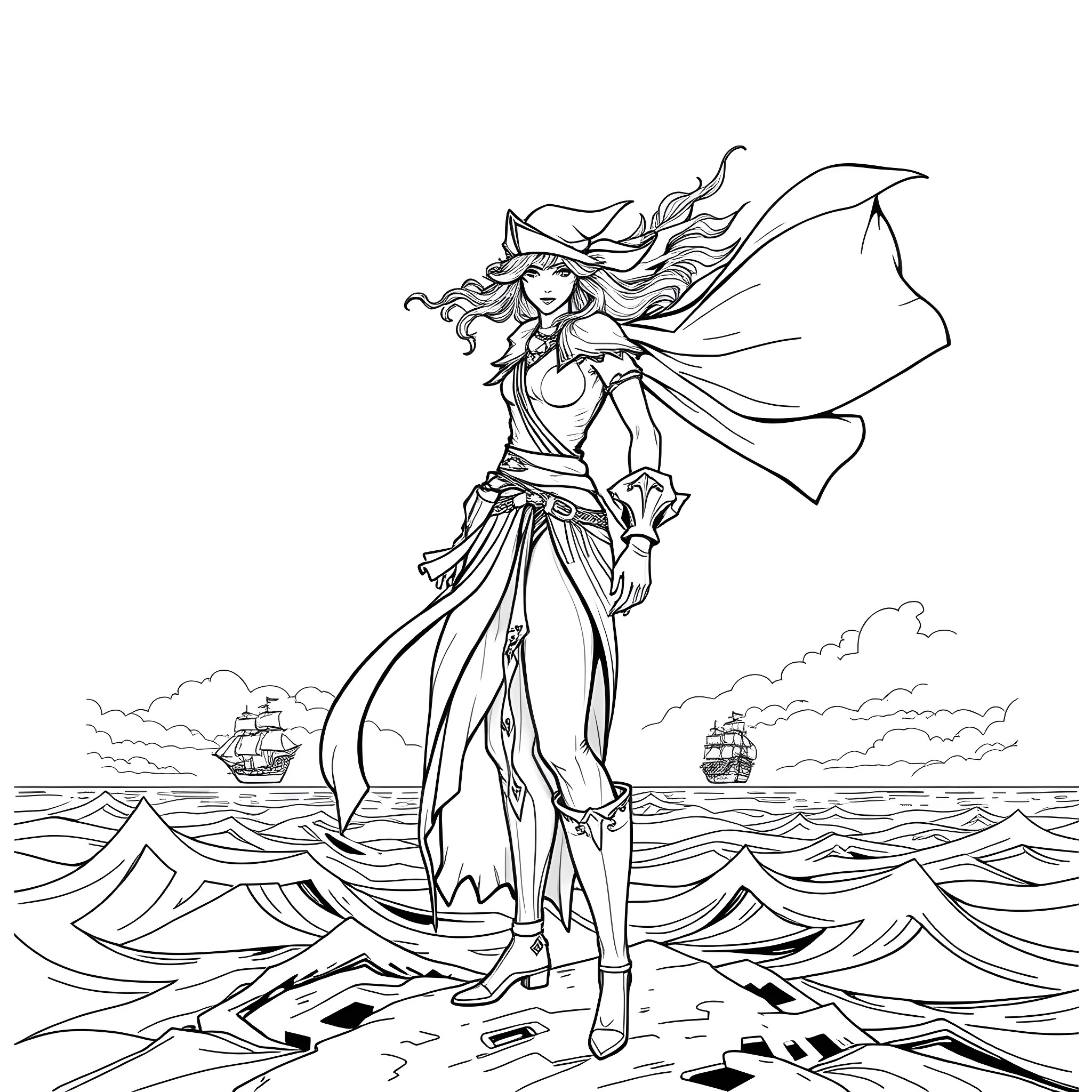 Mindfang's Seafaring Adventure Coloring Page (free black-and-white line drawing printable PDF for all, from beginners to advanced learners, including children, teens, adults, and seniors)