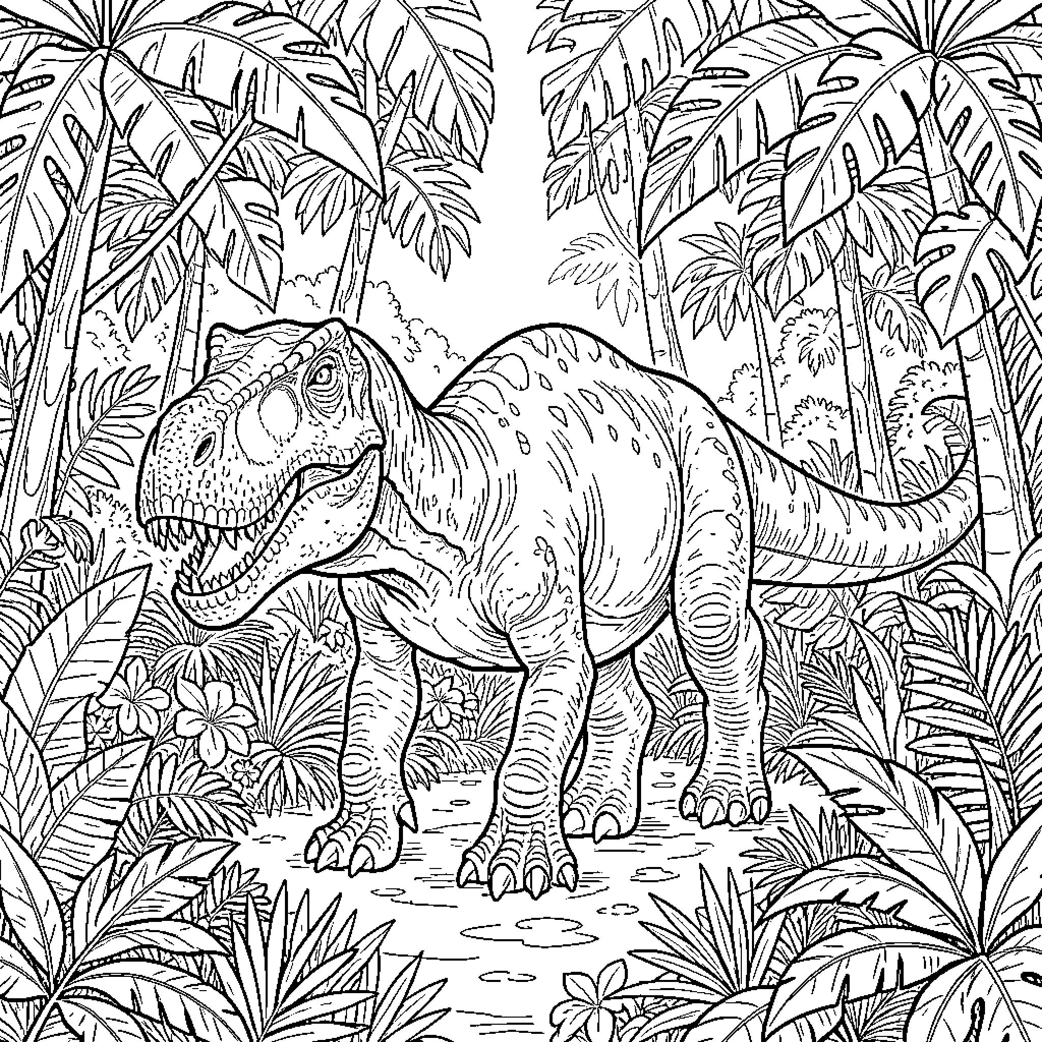 Dinosaur Exploring the Lush Jungle Landscape Coloring Page (free black-and-white line drawing printable PDF for all, from beginners to advanced learners, including children, teens, adults, and seniors)