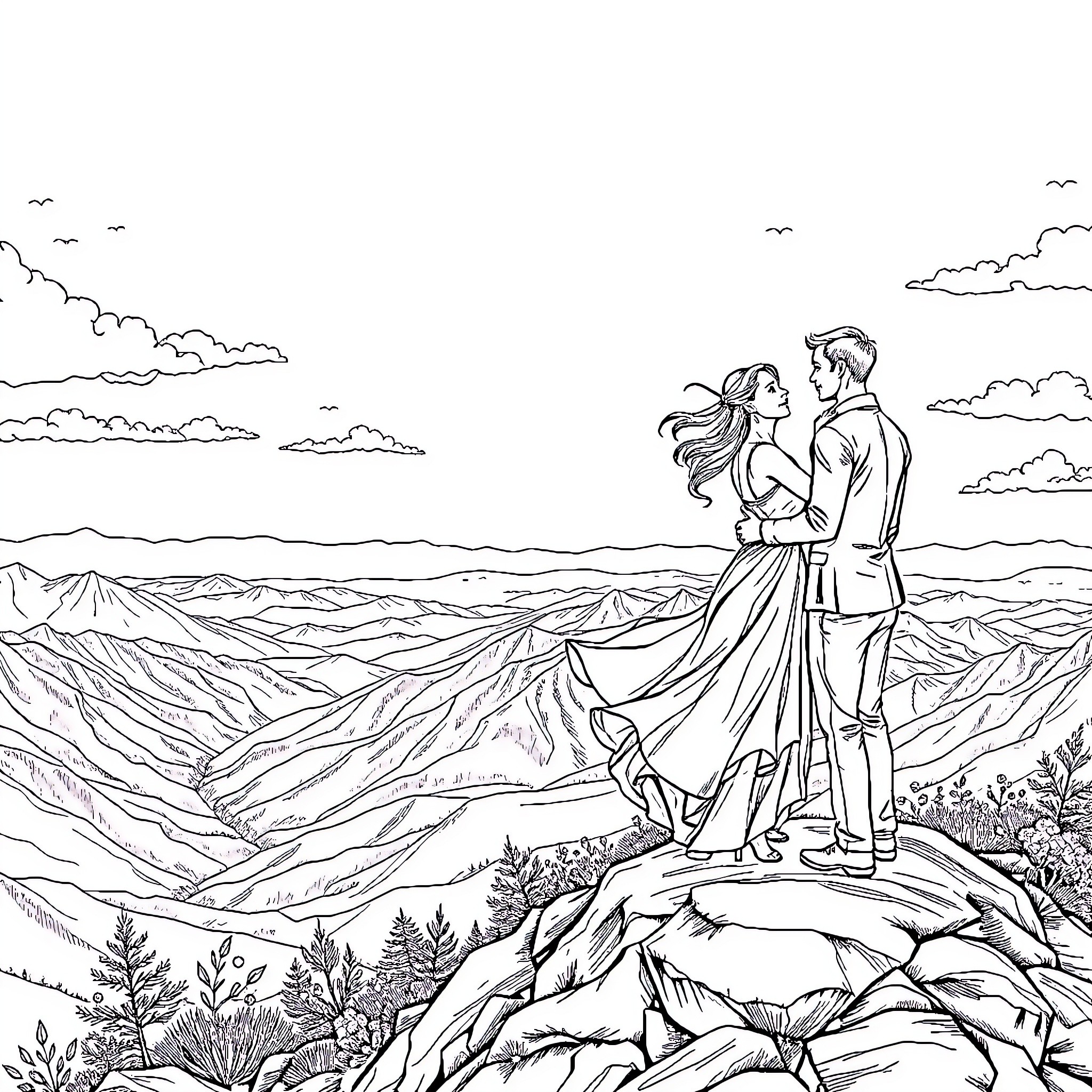 Couple in romantic mountain landscape Coloring Page (free black-and-white line drawing printable PDF for all, from beginners to advanced learners, including children, teens, adults, and seniors)