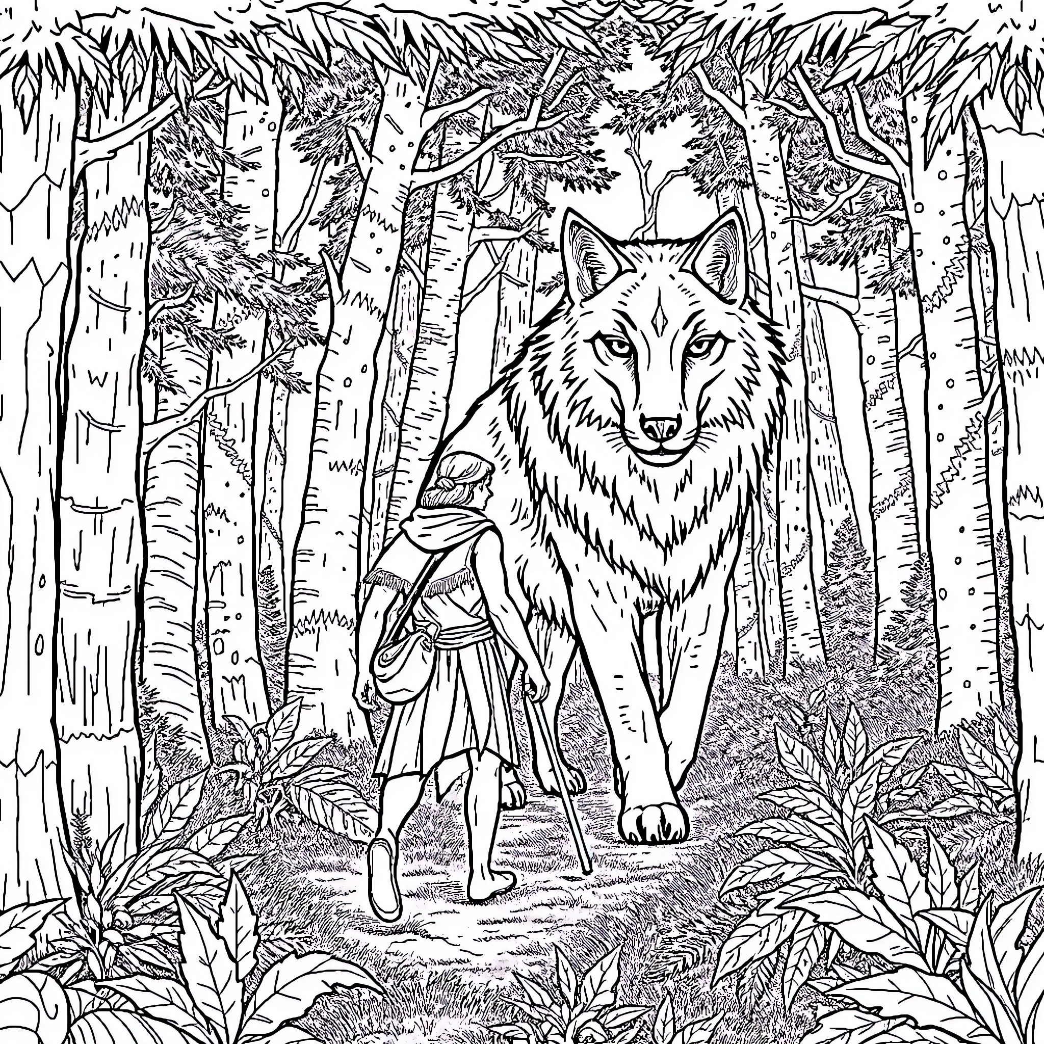 King Encounters Majestic Wolf in Enchanted Forest Coloring Page (free black-and-white line drawing printable PDF for all, from beginners to advanced learners, including children, teens, adults, and seniors)