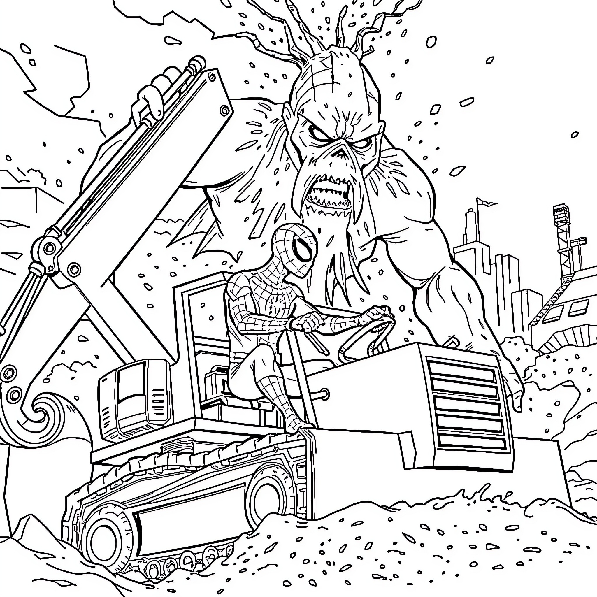 Spiderman battles a monstrous enemy on a construction site Coloring Page (free black-and-white line drawing printable PDF for all, from beginners to advanced learners, including children, teens, adults, and seniors)