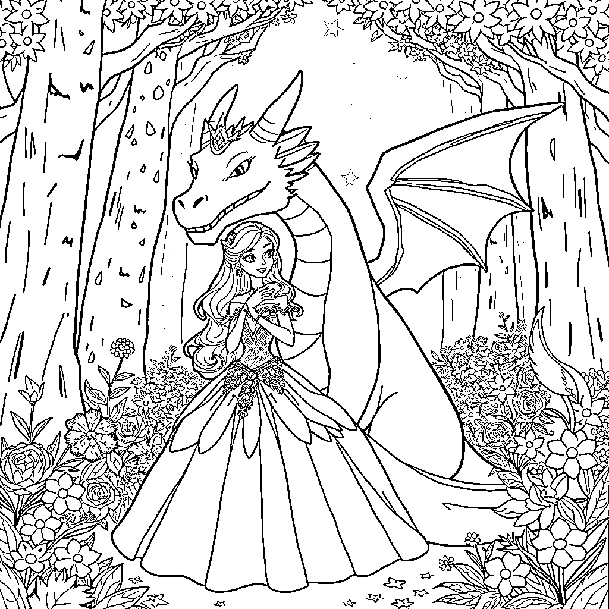 Princess Interacting with a Mystical Dragon in a Fantastical Forest Coloring Page (free black-and-white line drawing printable PDF for all, from beginners to advanced learners, including children, teens, adults, and seniors)