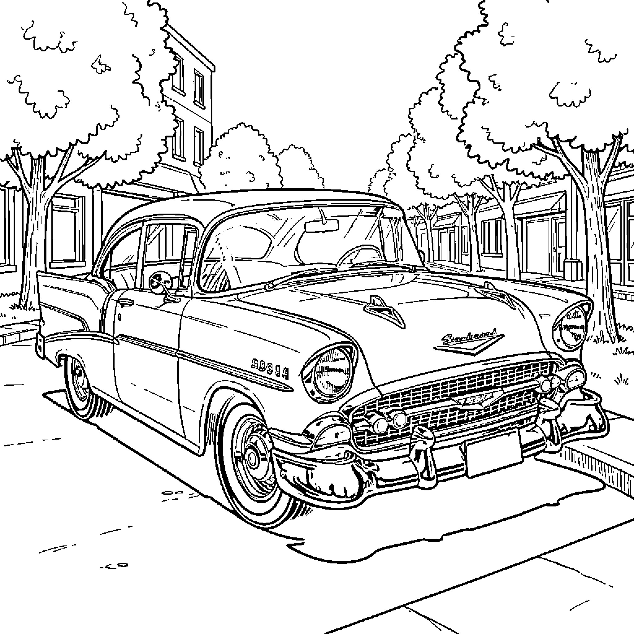 Chevy Classic Car on the City Street Coloring Page (free black-and-white line drawing printable PDF for all, from beginners to advanced learners, including children, teens, adults, and seniors)