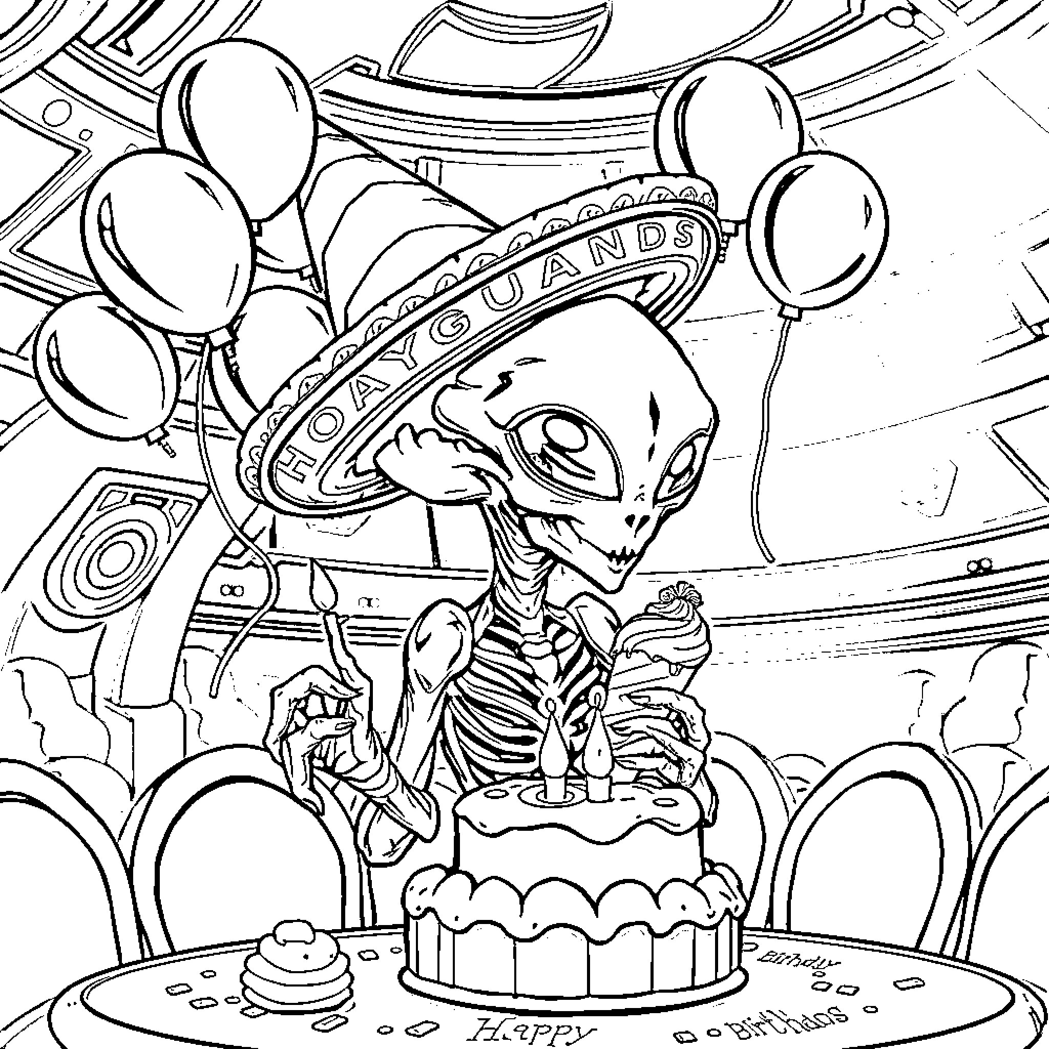 Alien Celebrating Birthday with Balloons Coloring Page (free black-and-white line drawing printable PDF for all, from beginners to advanced learners, including children, teens, adults, and seniors)