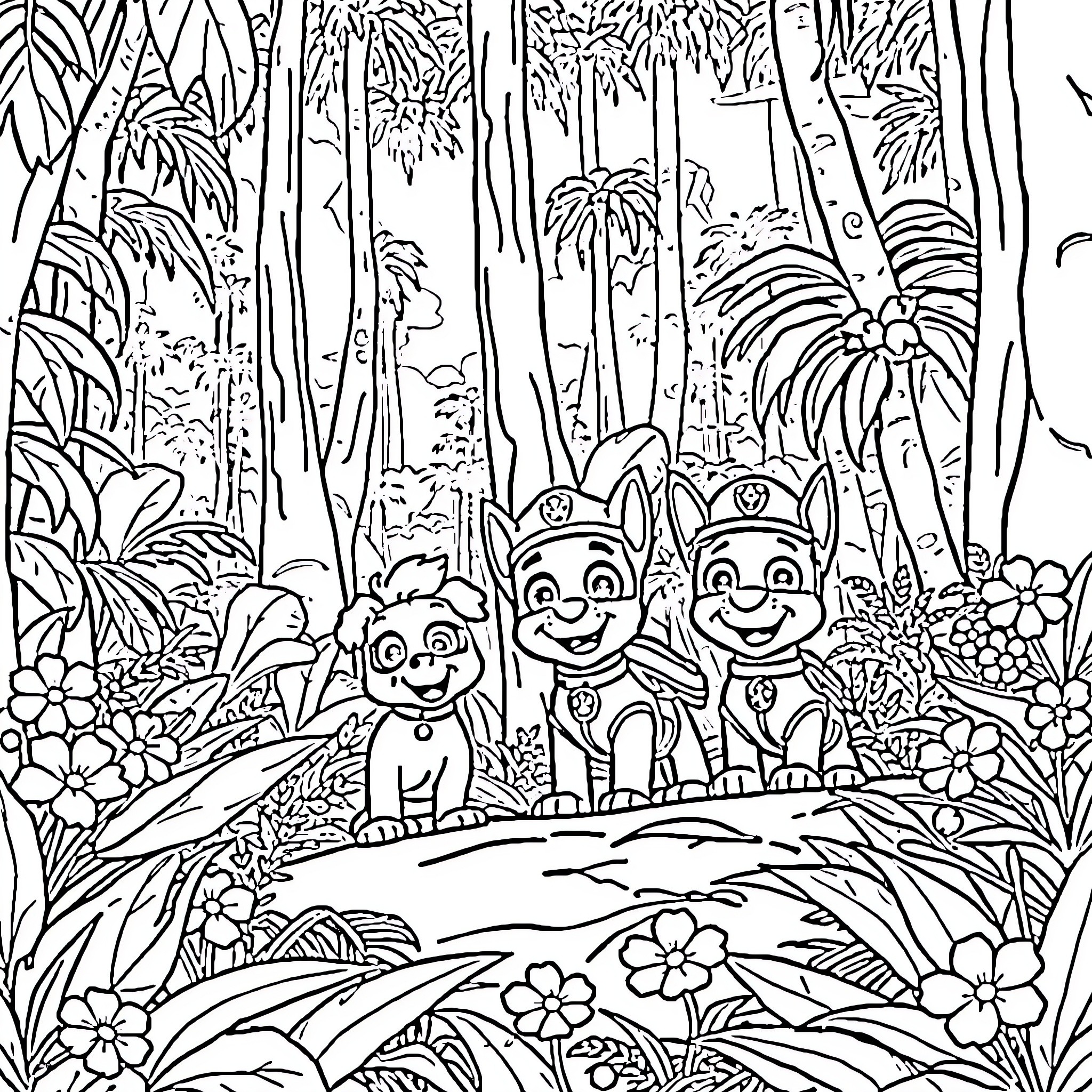 Paw Patrol Adventure in the Vibrant Jungle Coloring Page (free black-and-white line drawing printable PDF for all, from beginners to advanced learners, including children, teens, adults, and seniors)