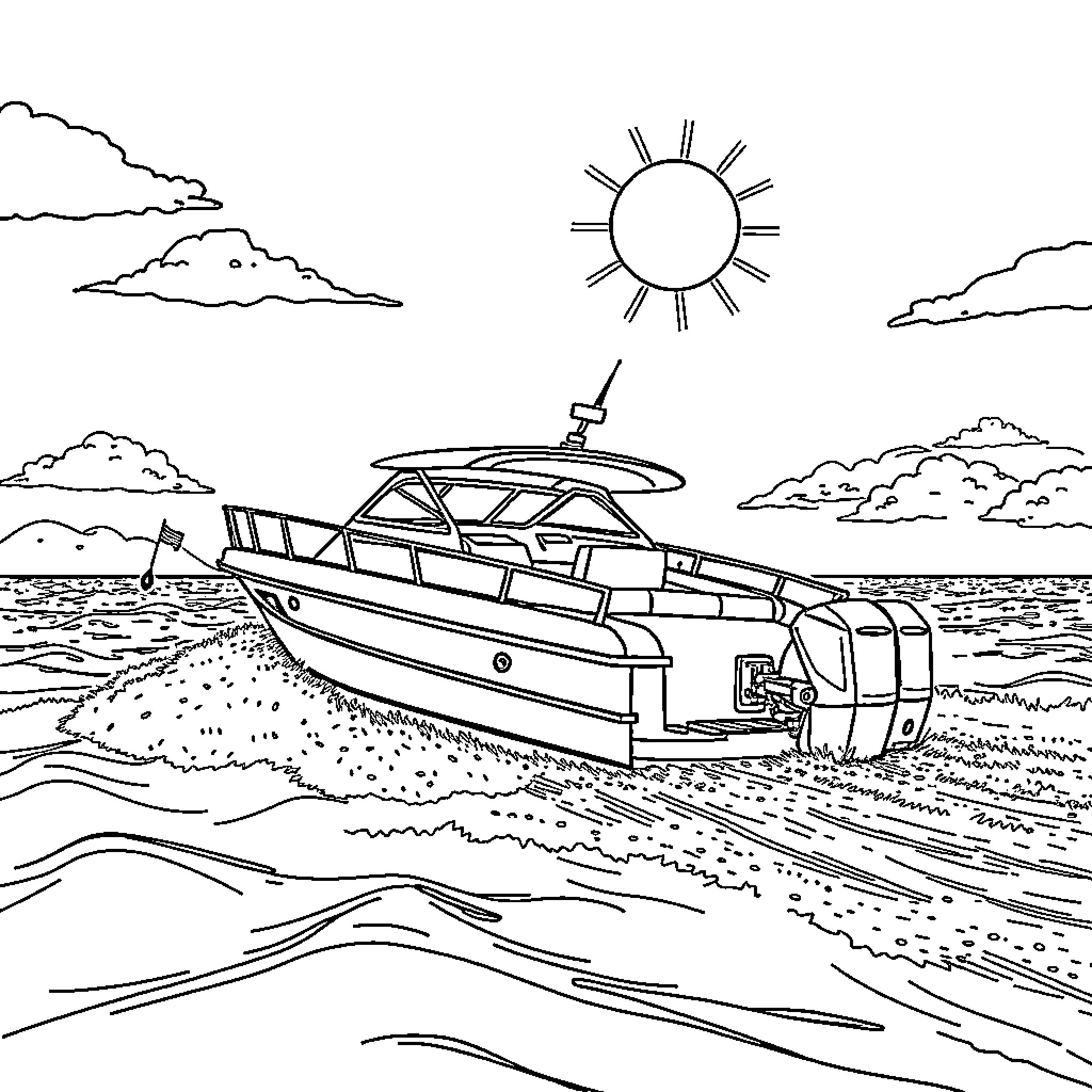 Motorboat speeding across the ocean in the sunshine Coloring Page (free black-and-white line drawing printable PDF for all, from beginners to advanced learners, including children, teens, adults, and seniors)