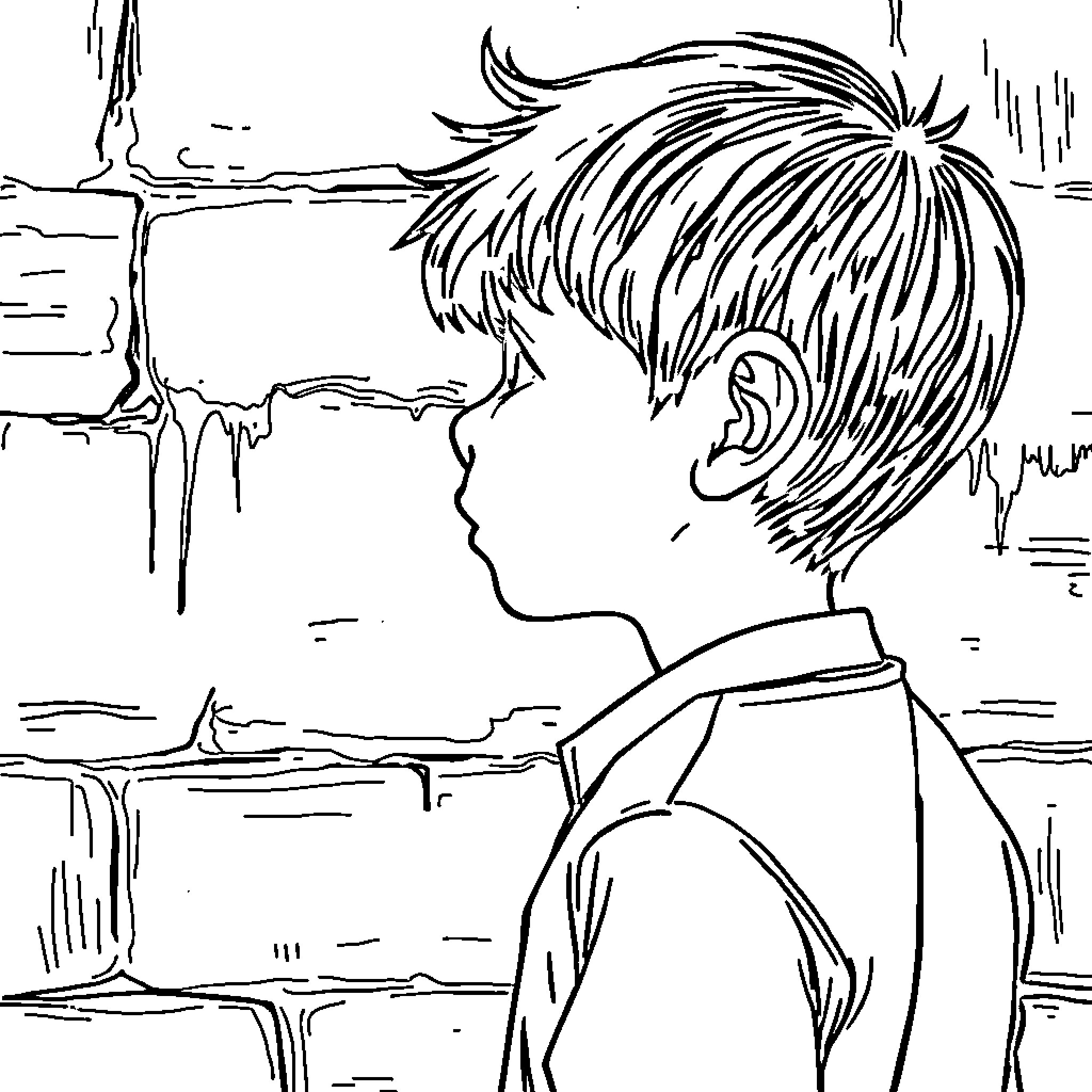 Garçon gazing wistfully through the window Coloring Page (free black-and-white line drawing printable PDF for all, from beginners to advanced learners, including children, teens, adults, and seniors)