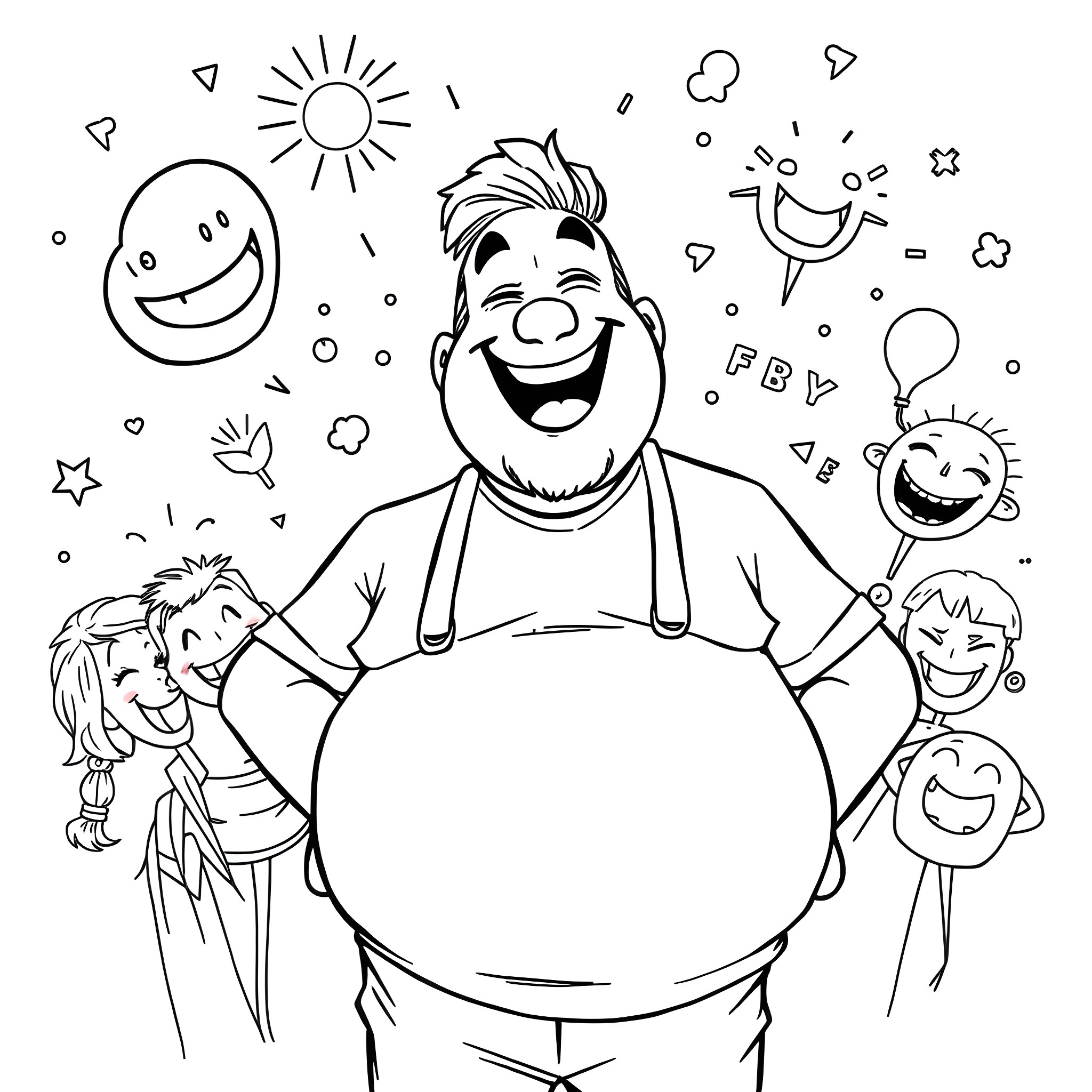 Guy surrounded by happy and playful cartoon characters Coloring Page (free black-and-white line drawing printable PDF for all, from beginners to advanced learners, including children, teens, adults, and seniors)